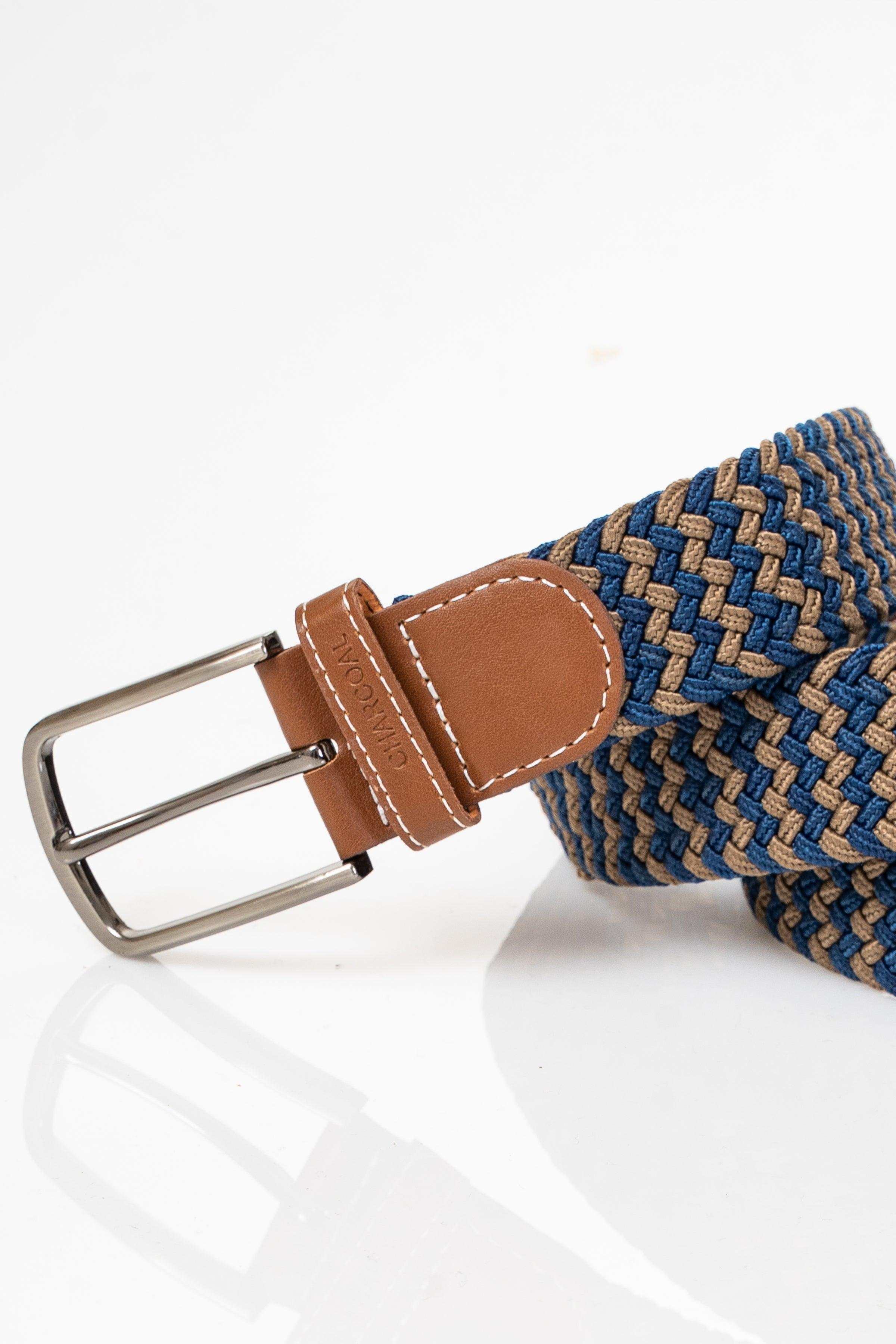 Casual woven belt in blue with tan leather tabs and silver buckle