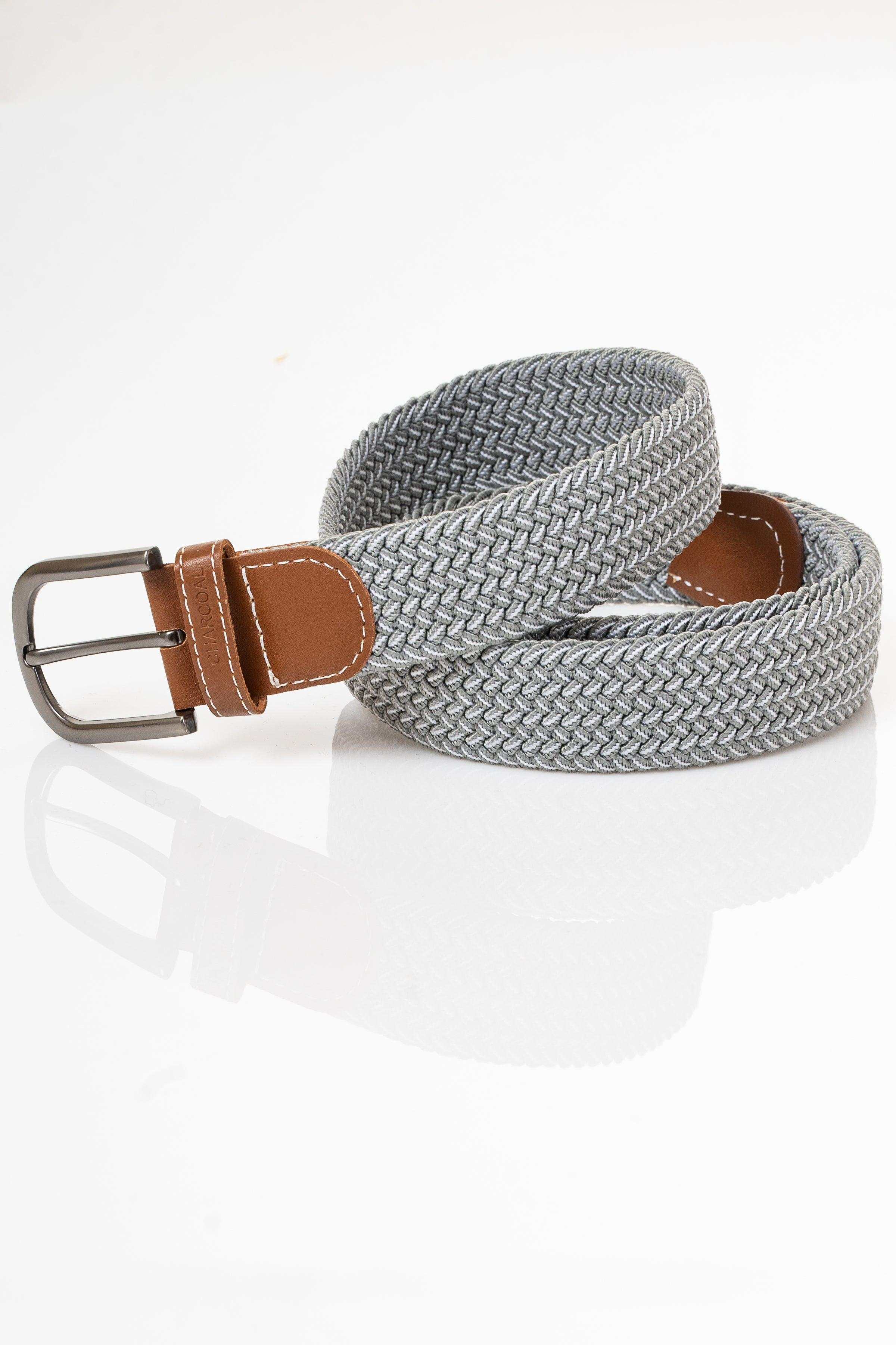 Gray woven belt with brown leather center patch and curved metal buckle