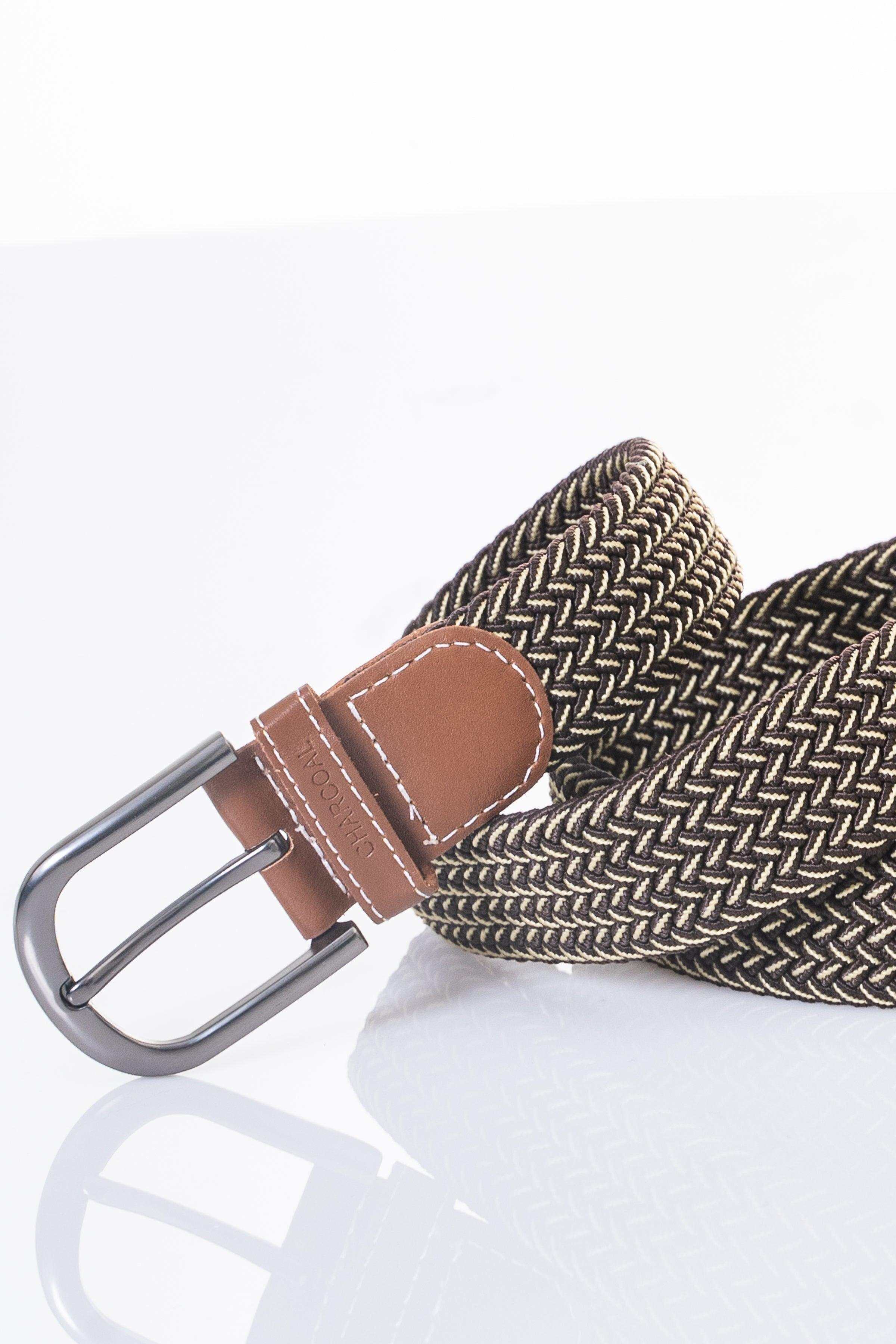 Braided belt with tan leather keeper panel and silver loop buckle