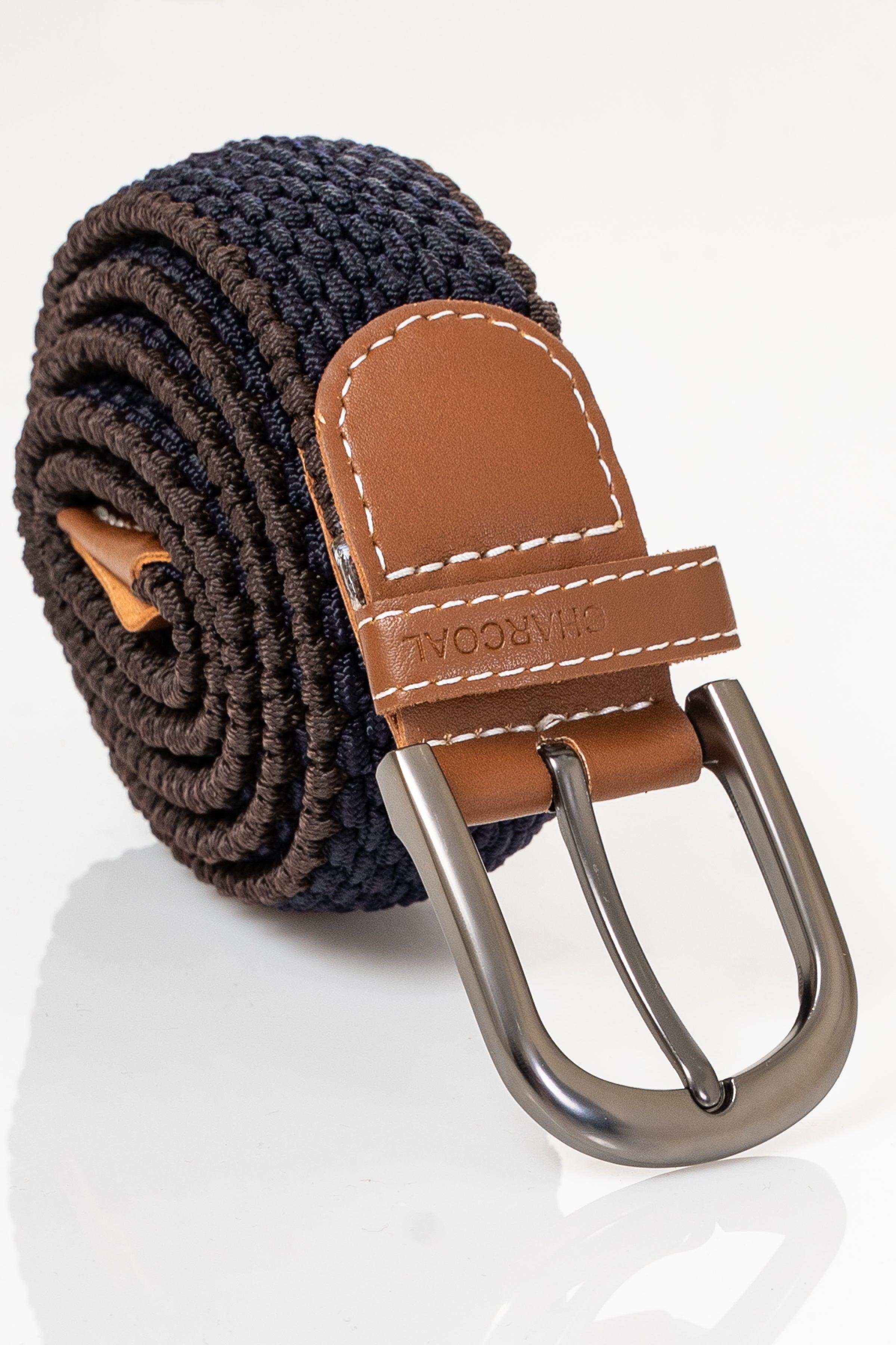 Navy braided casual belt with tan leather keeper and metal loop buckle