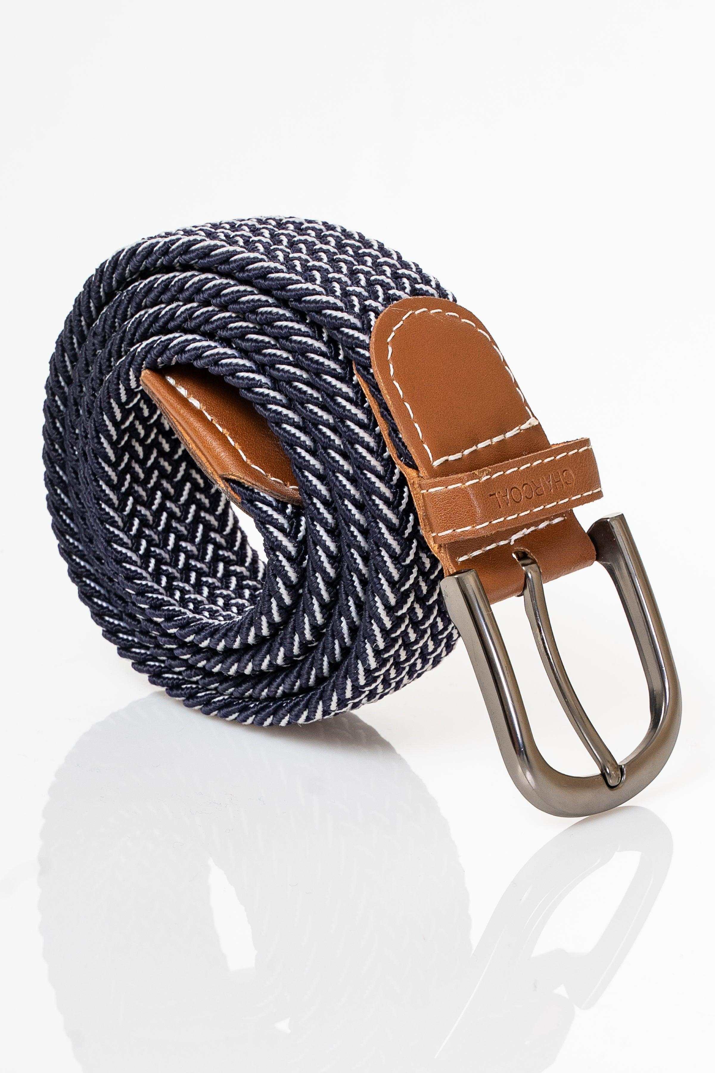 Braided navy casual belt with brown leather keeper and silver metal buckle