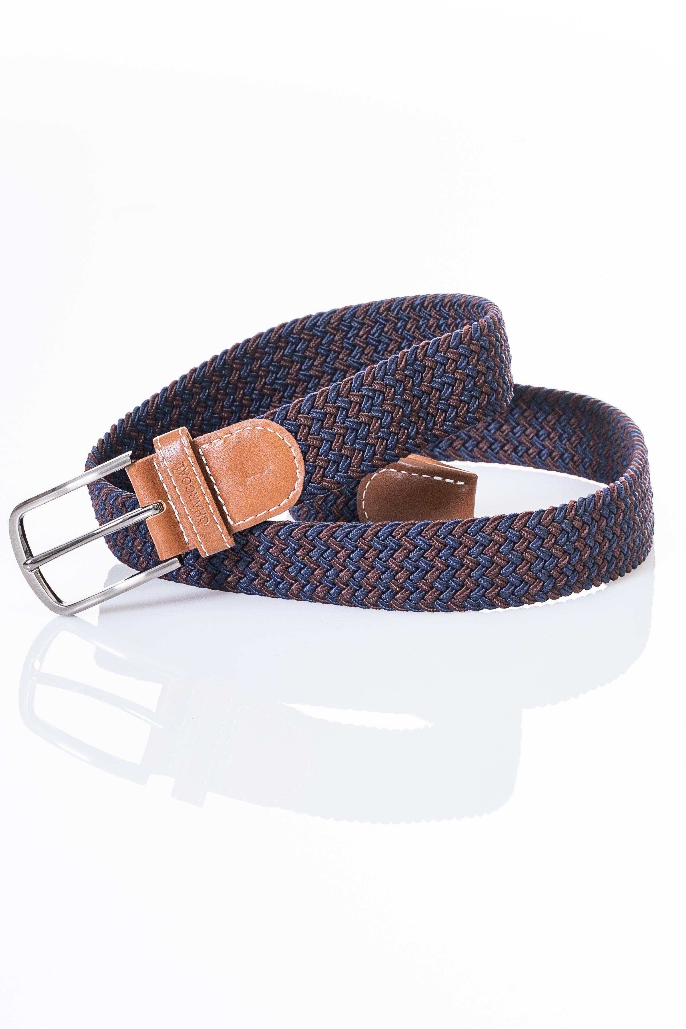 Woven casual belt with navy-blue fabric, tan leather strap and silver pin buckle