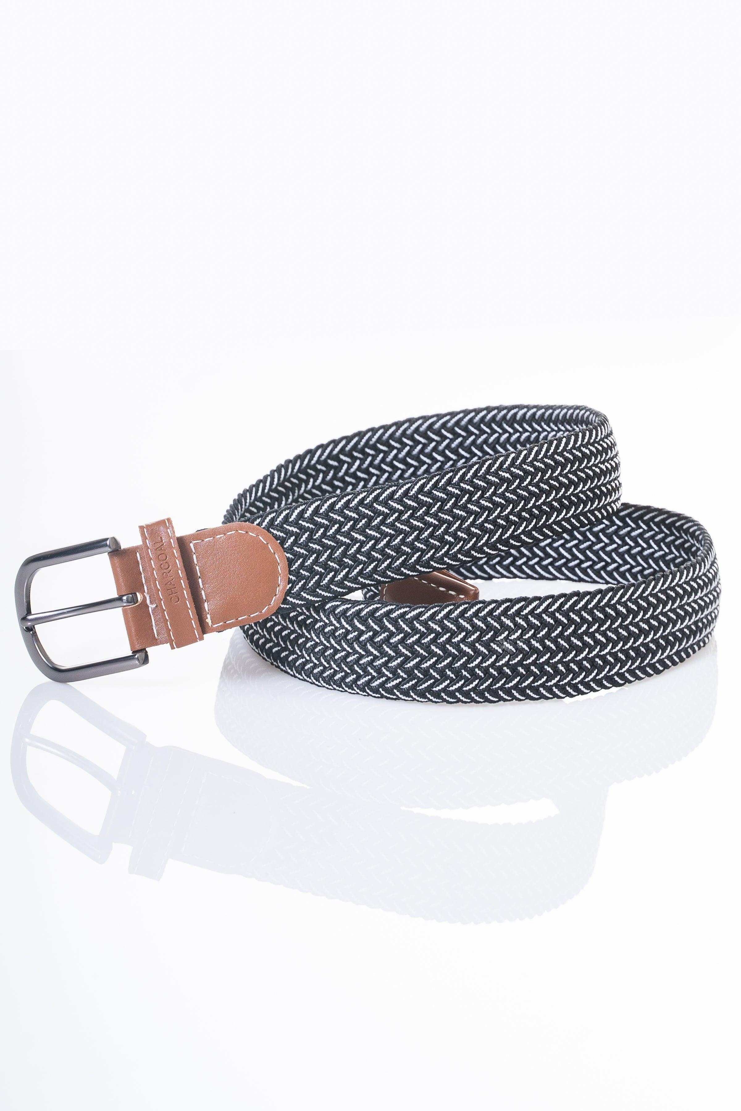 Woven belt with dark heather pattern and tan leather end with silver buckle.