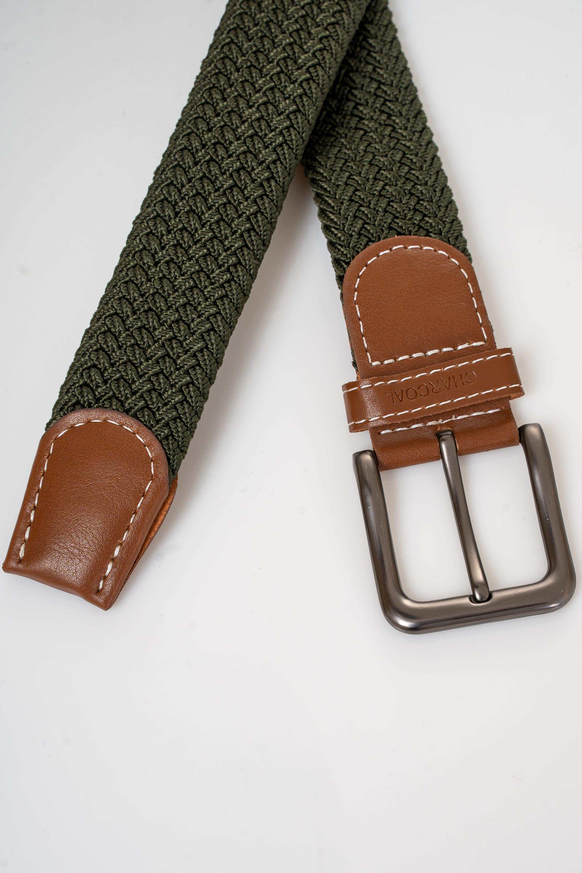 Woven fabric belt, dark green with brown leather end tabs and silver buckle