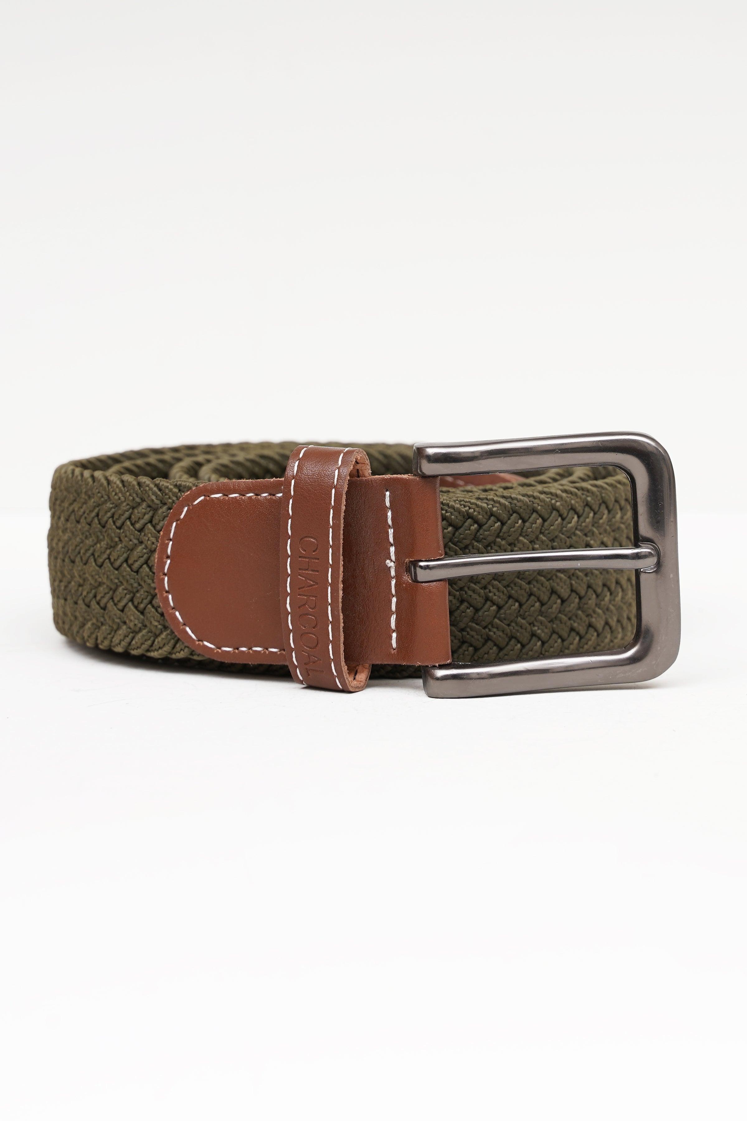 Olive fabric belt with brown leather center keeper and large silver buckle