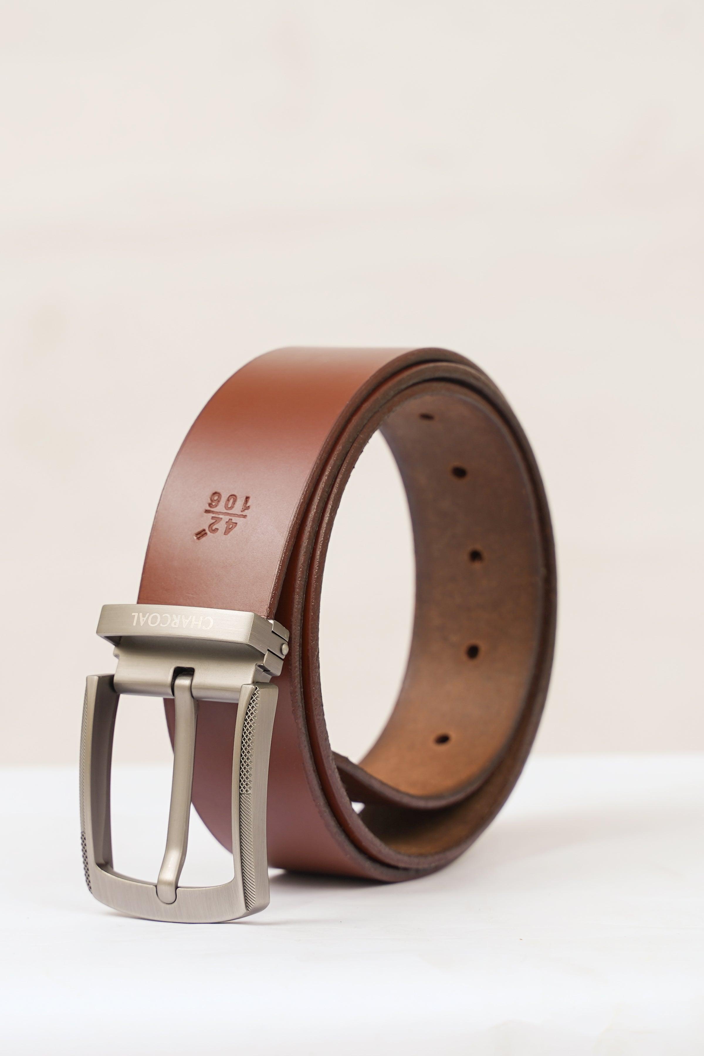 Brown leather casual belt with silver-tone buckle and stitched edge, side view