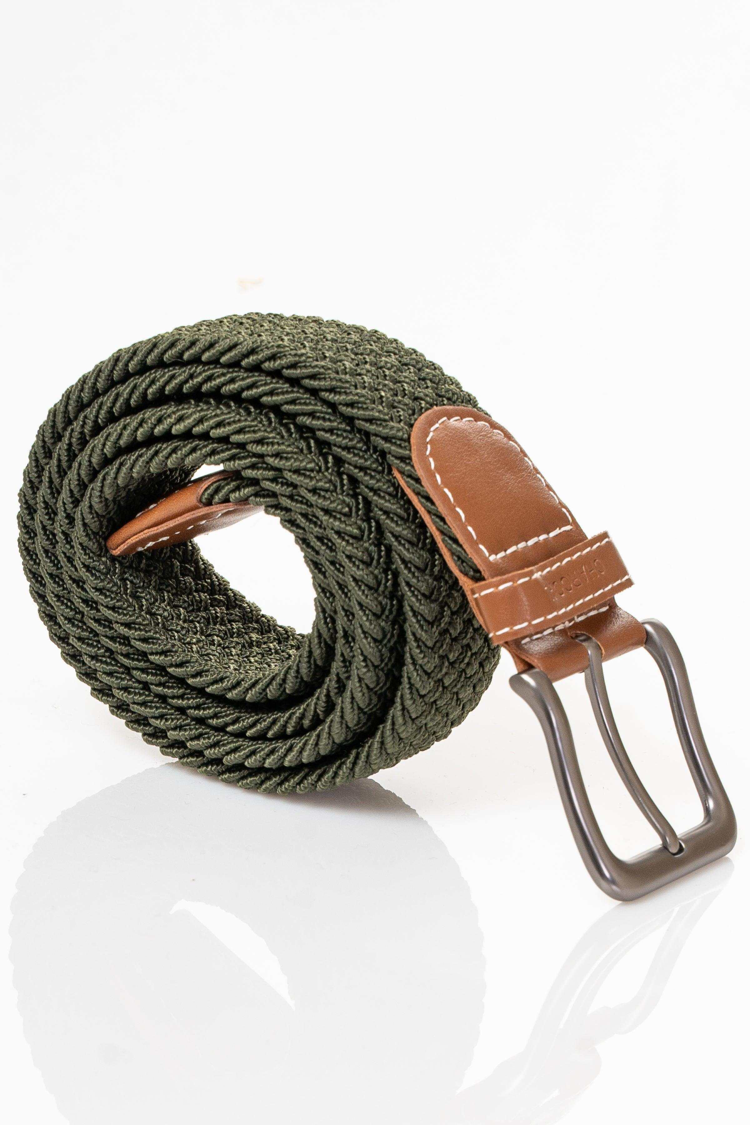 Woven fabric belt in dark green with brown leather-look ends and metal buckle