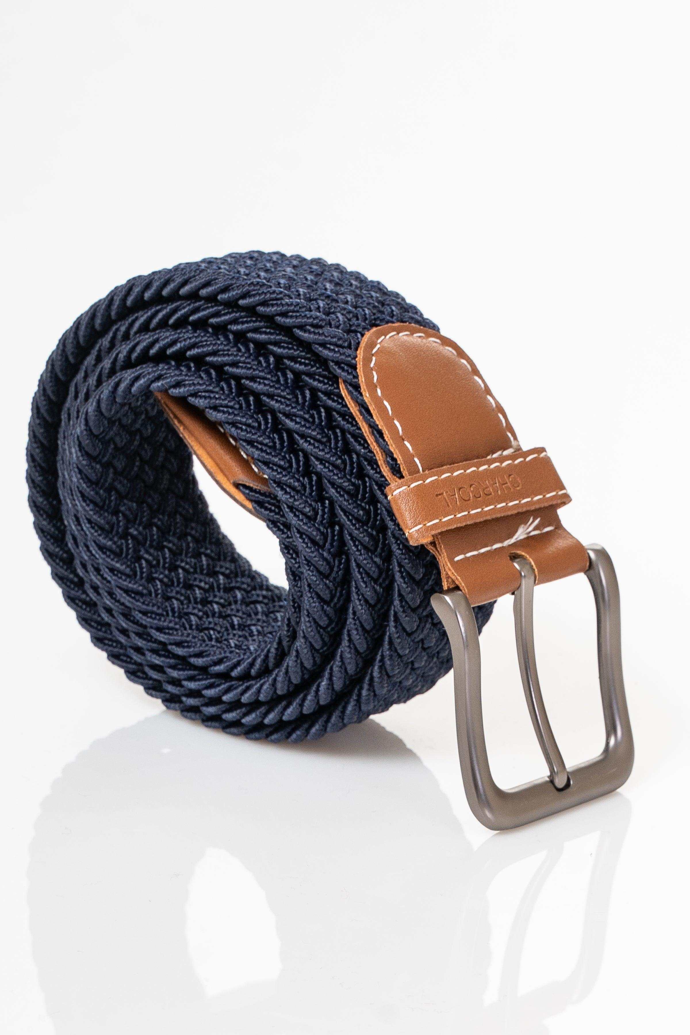 Navy braided casual belt with tan leather end tab and silver-tone buckle