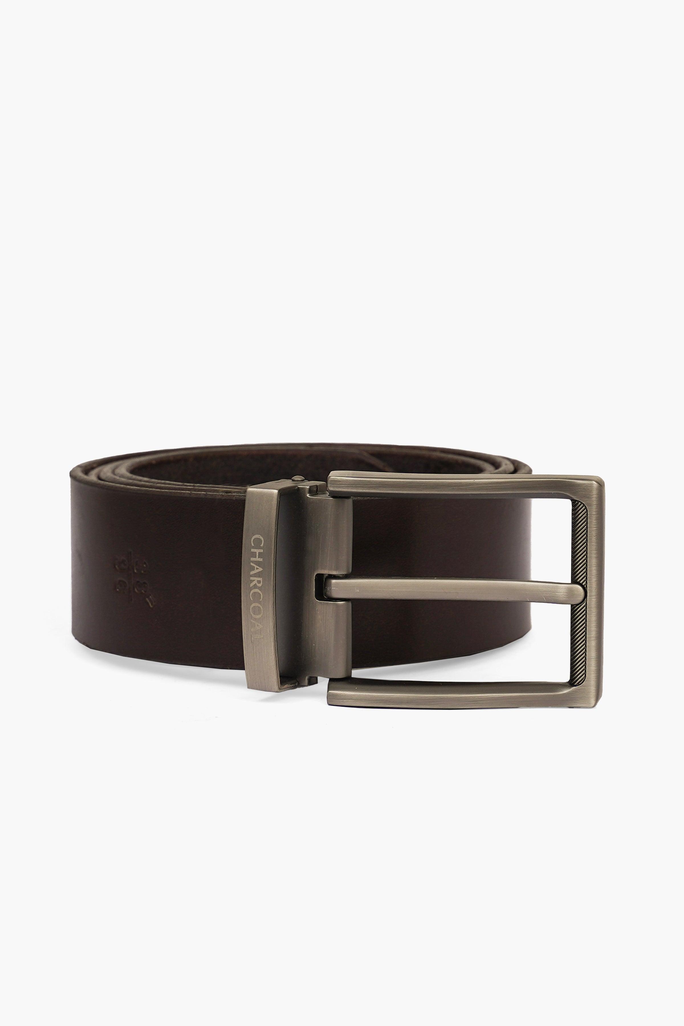 Dark brown leather belt with silver metal pin buckle and metal keeper