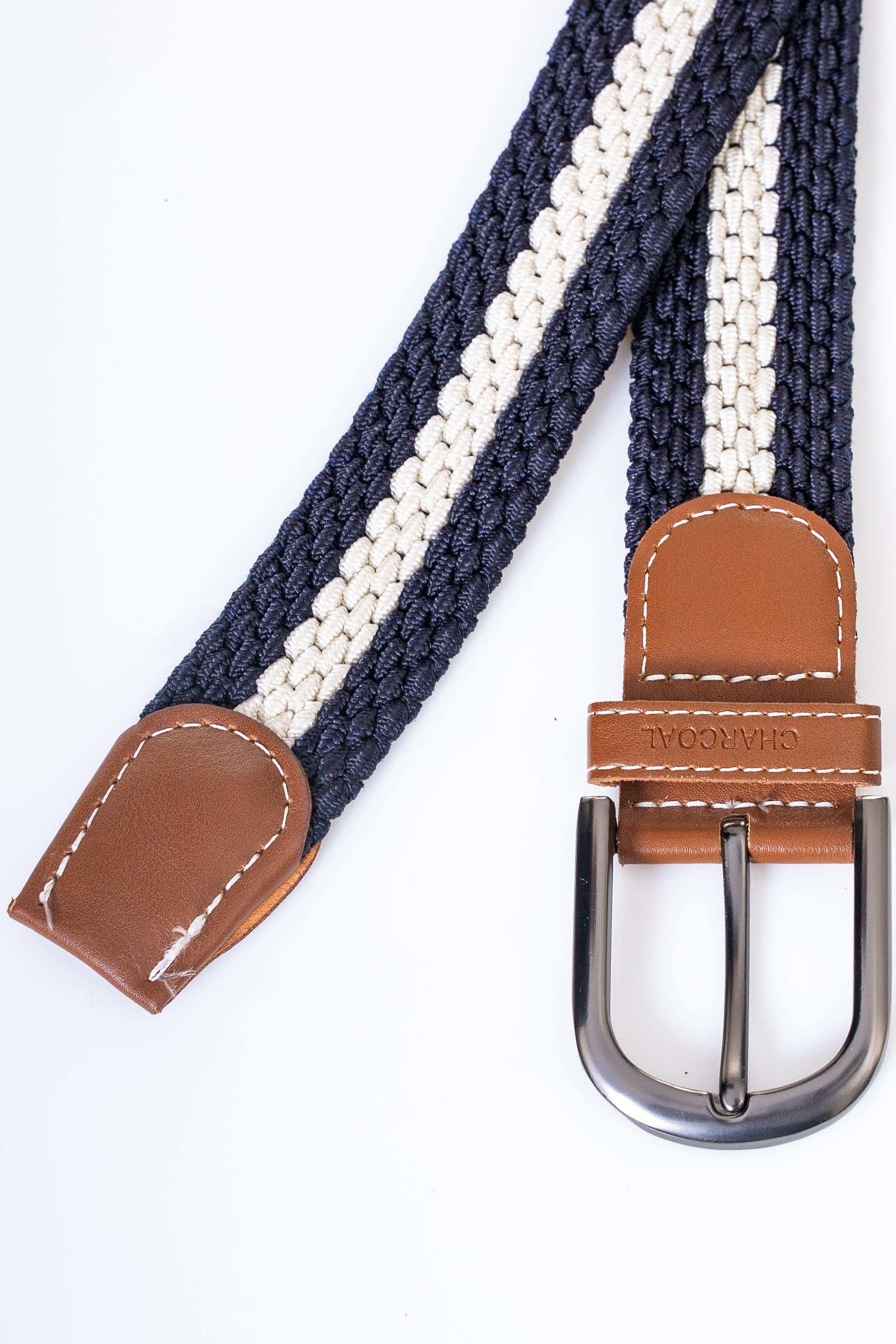 Striped braided casual belt with tan leather ends and silver metal buckle