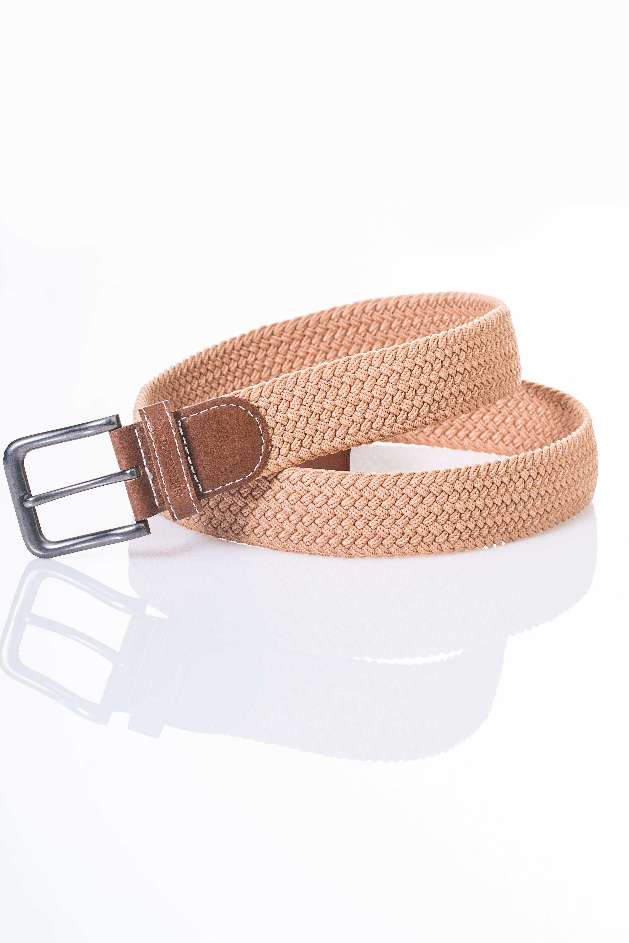 Casual belt with tan woven texture and brown center tab, silver buckle.