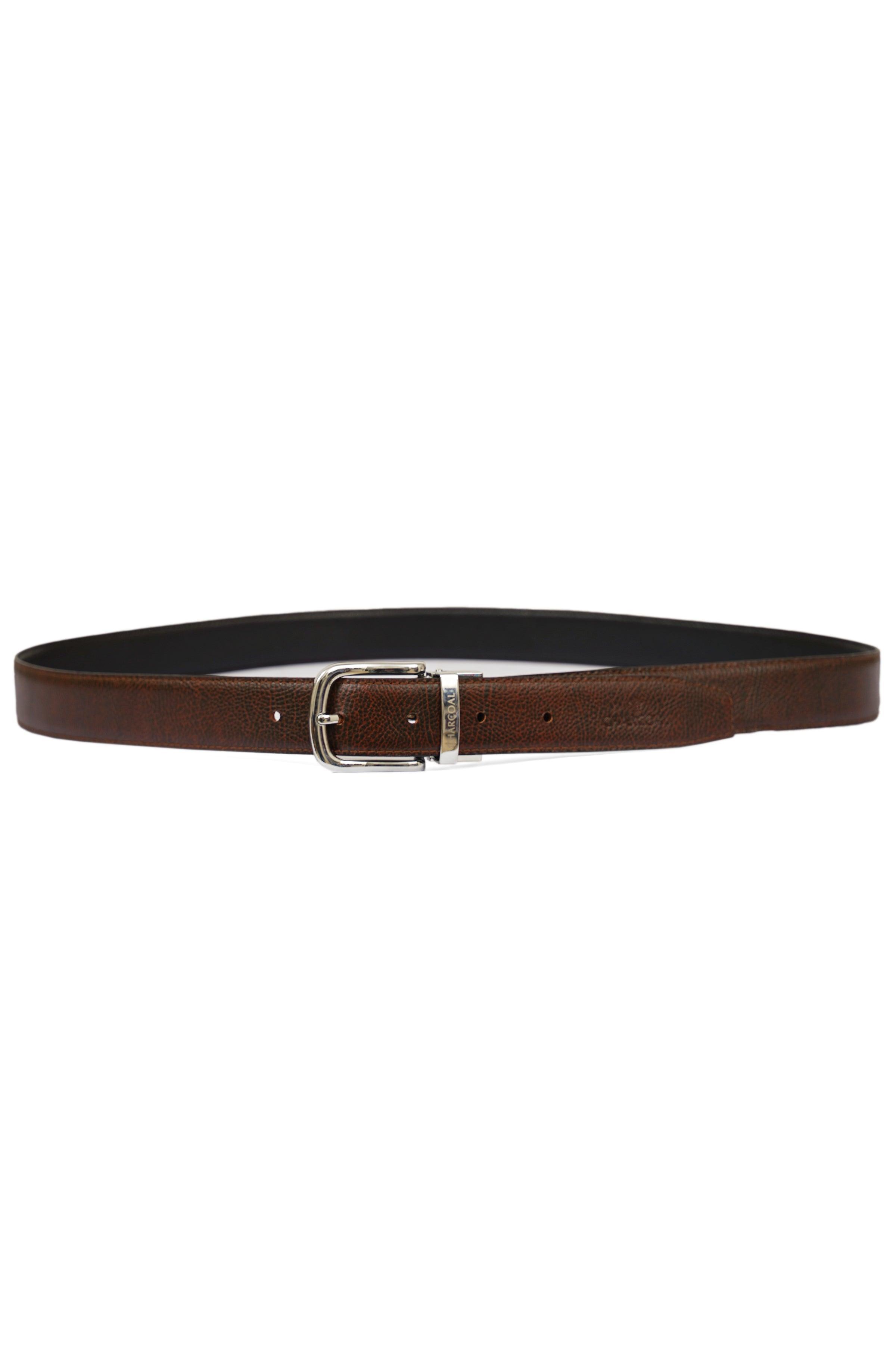 Brown casual belt with silver buckle and stitched end, flat front view