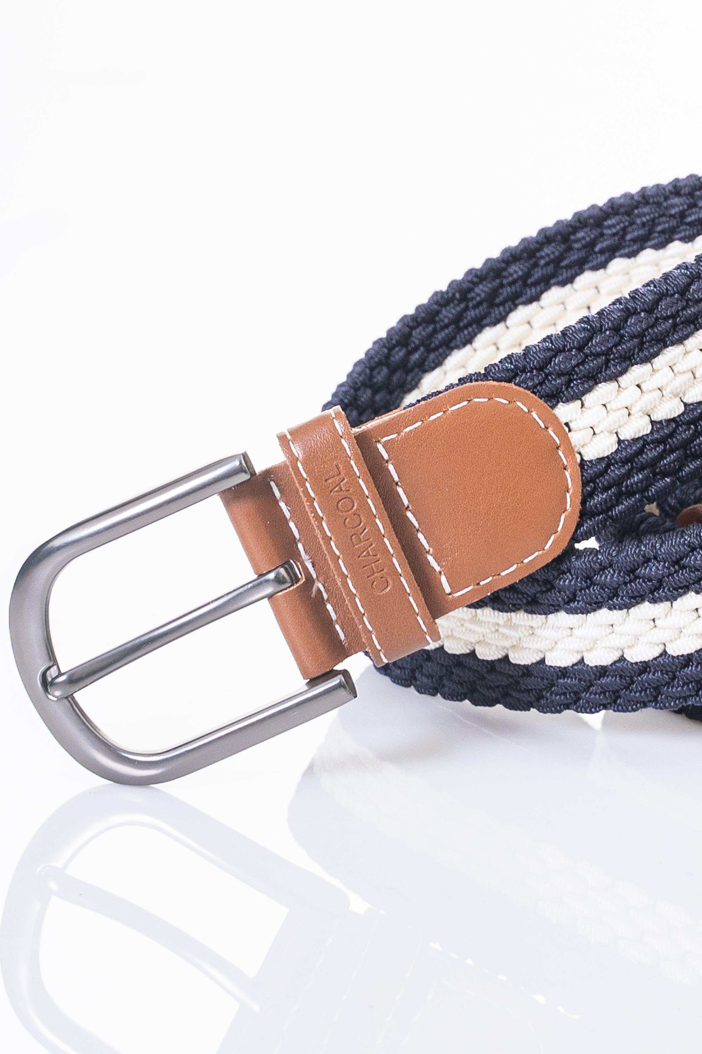 Striped braided casual belt with tan leather keeper and silver double-prong buckle