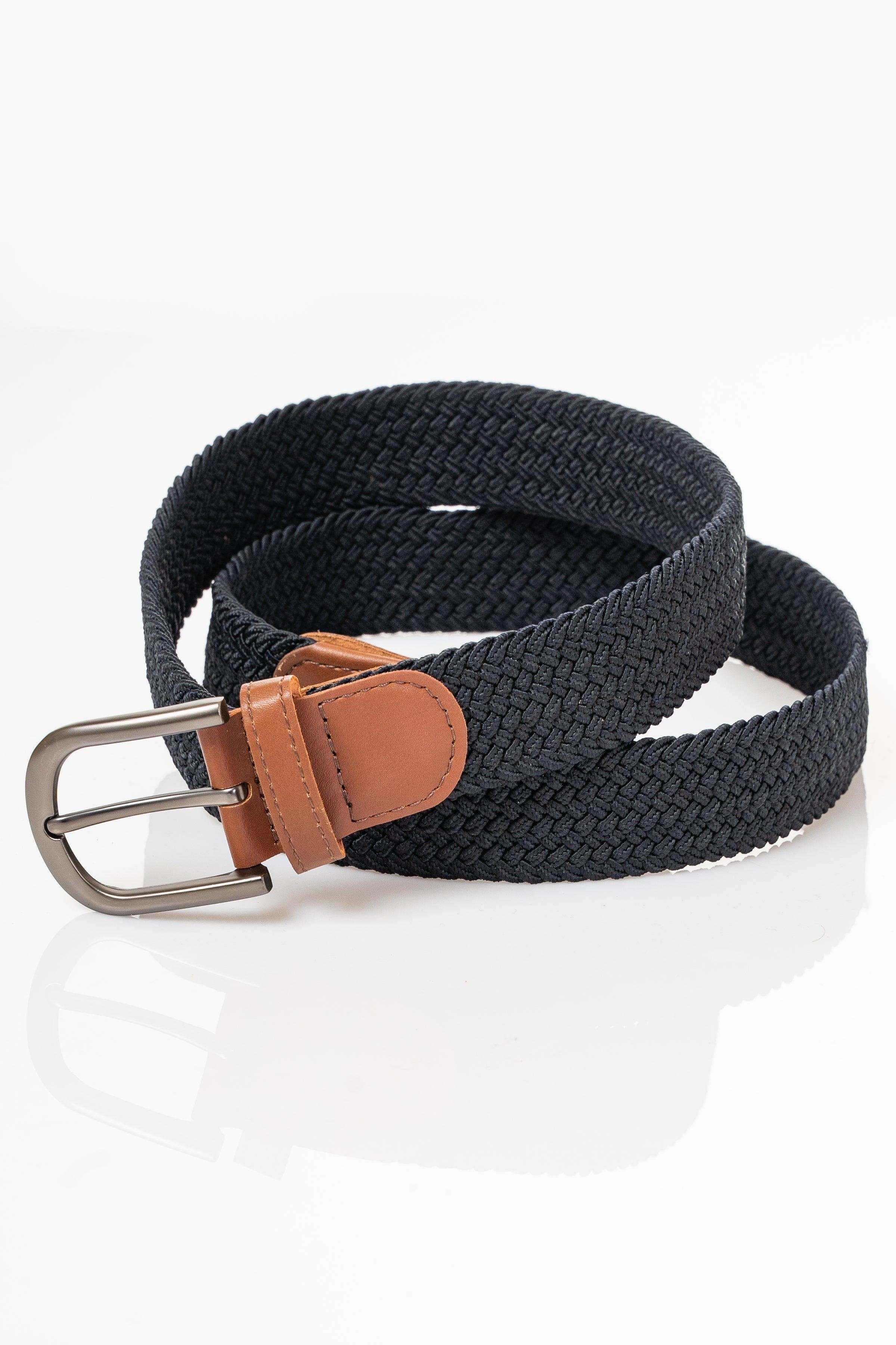 Dark braided belt with brown leather strap keeper and silver oval buckle