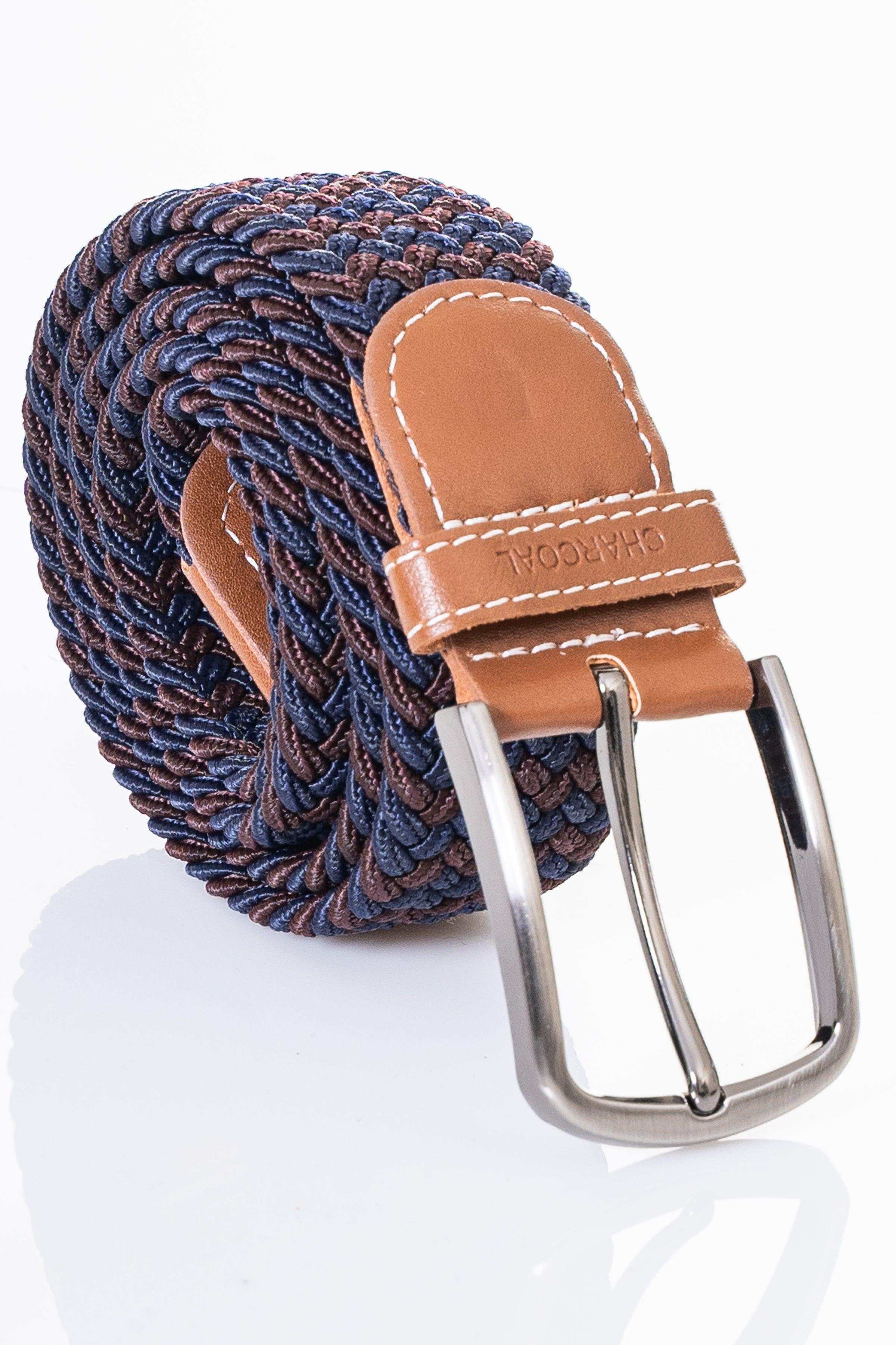 Casual belt with woven navy-blue fabric and tan leather keeper, silver metal buckle
