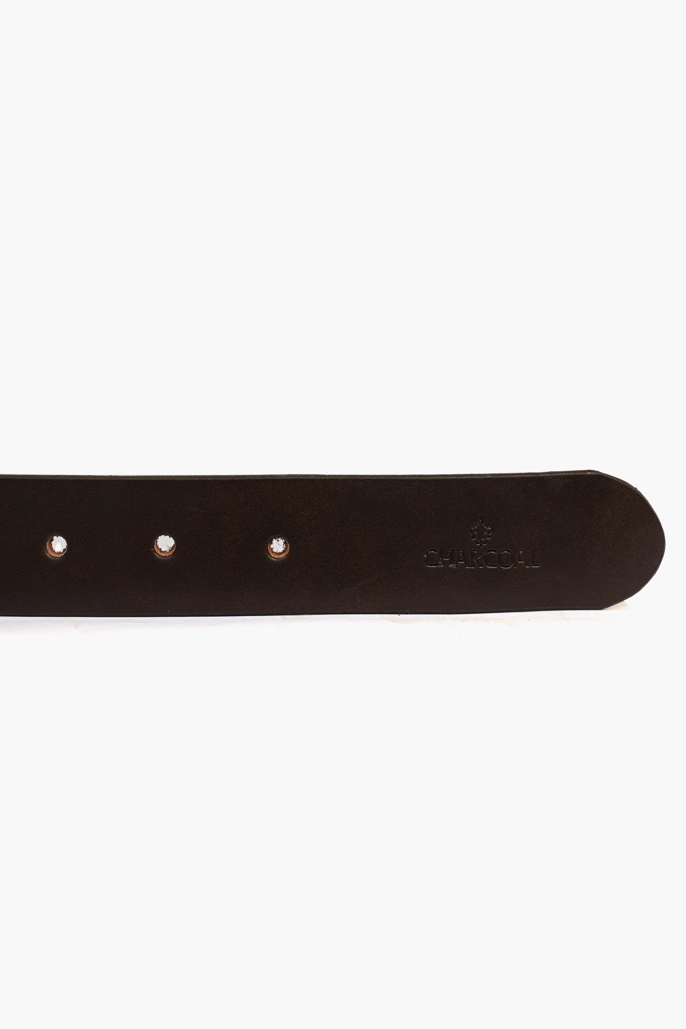 Dark brown leather belt strap with three stud holes and embossed logo
