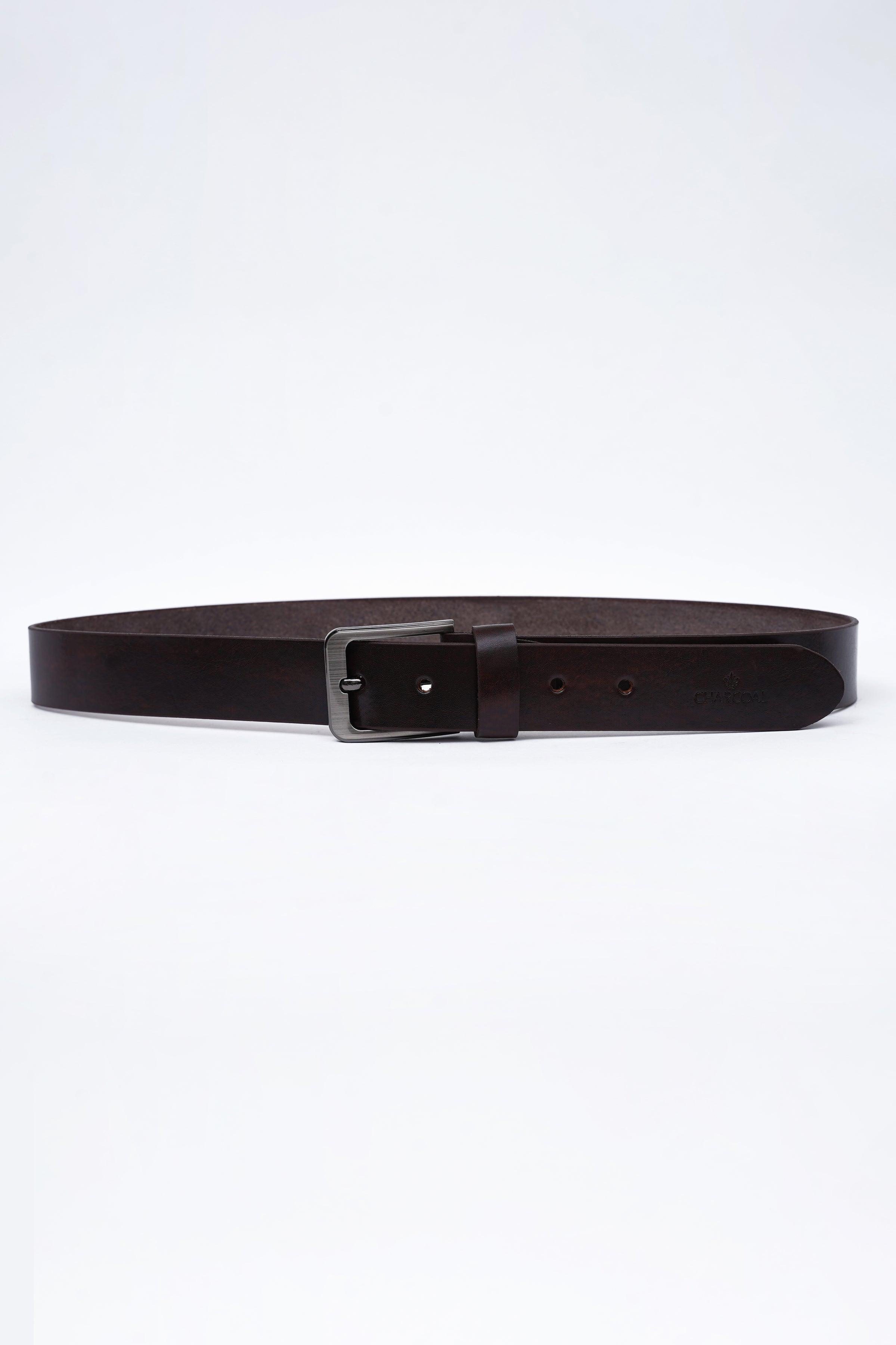 Dark brown leather belt with black rectangular buckle and punched sizing holes