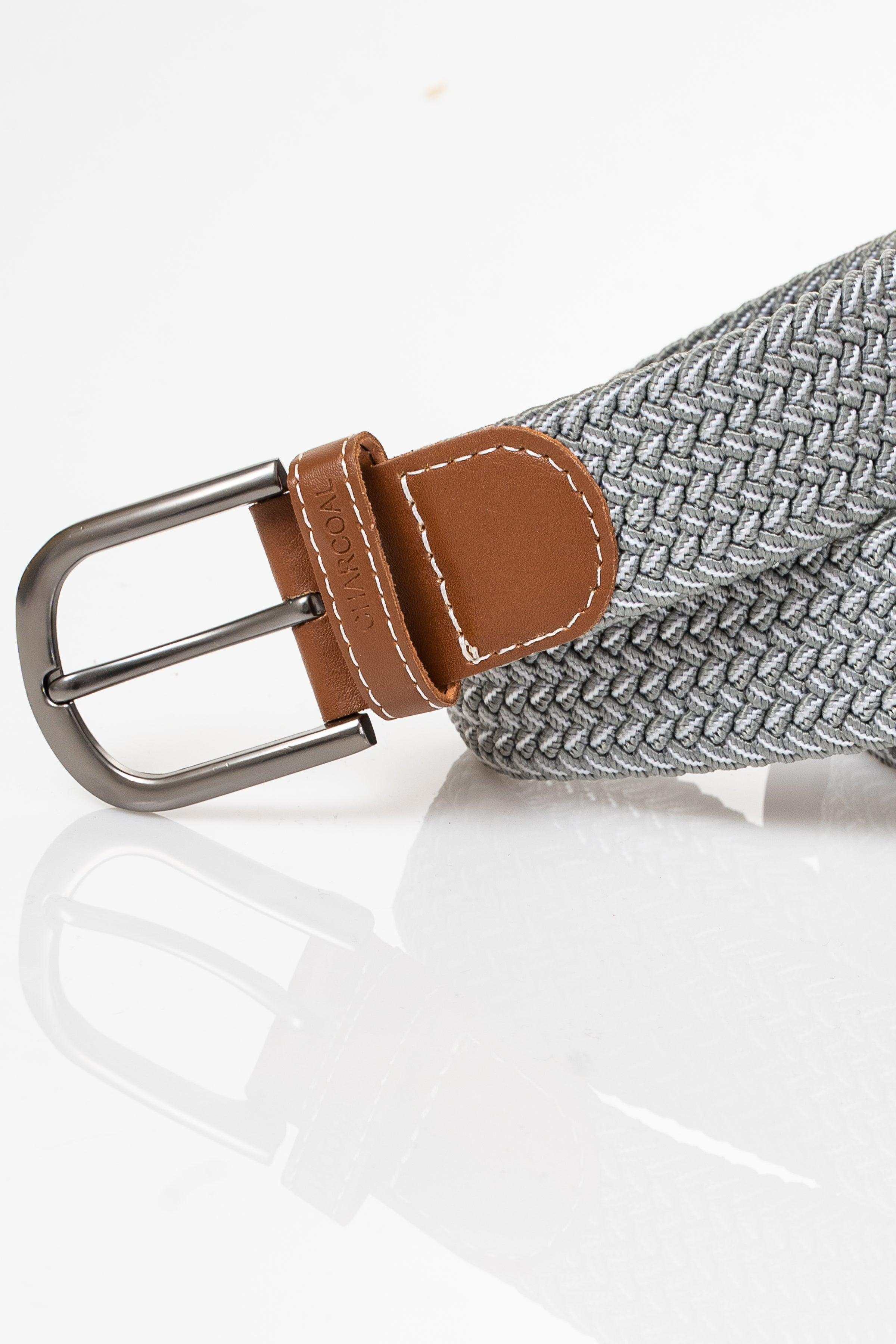 Gray braided belt with brown leather tab and metal buckle with stitched edges