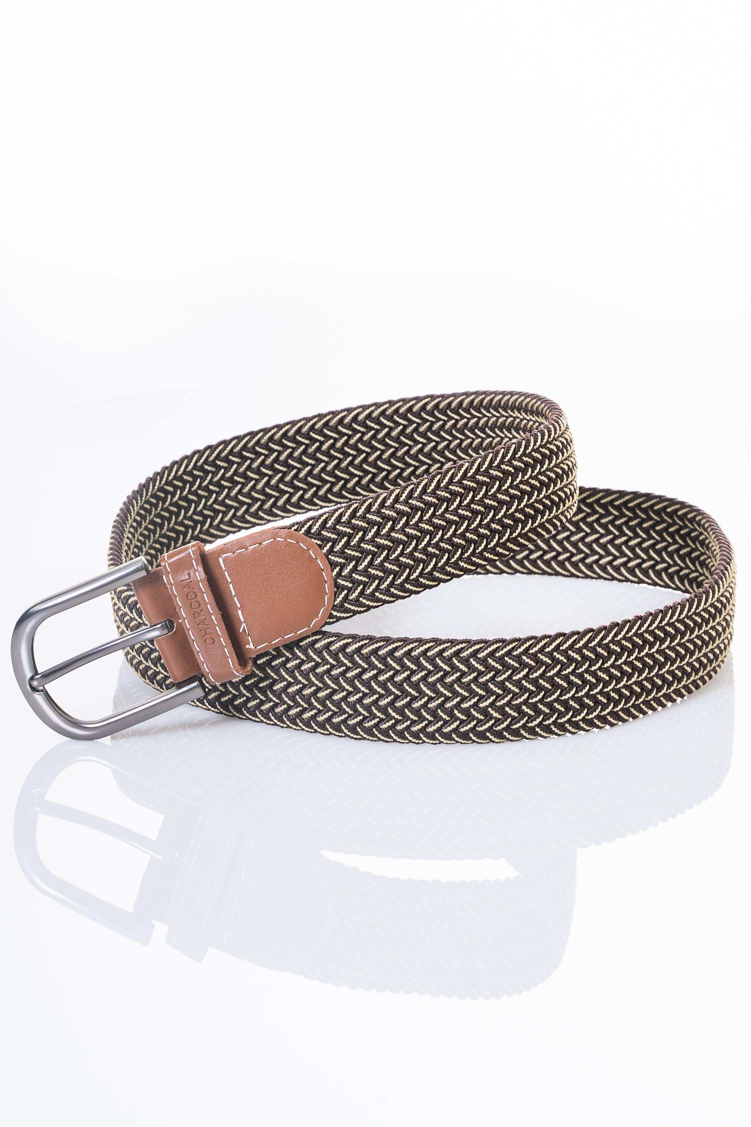 Braided casual belt with tan leather tip and silver D-ring buckle
