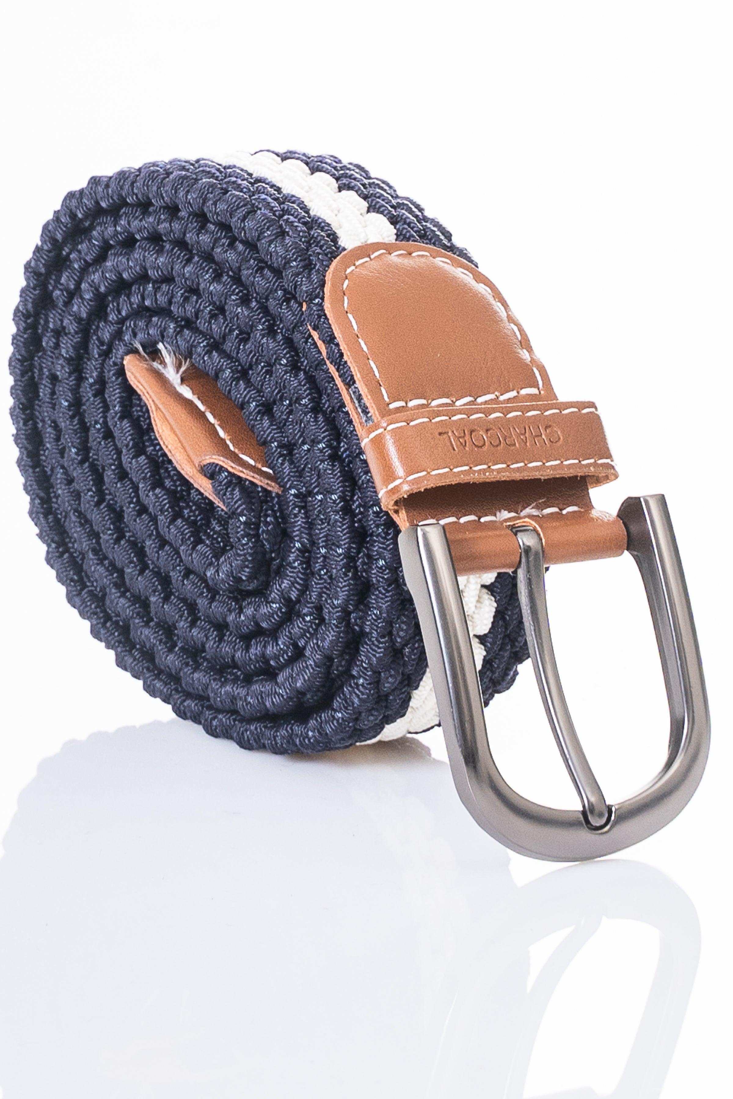 Navy braided casual belt with tan leather end tab and silver metal buckle