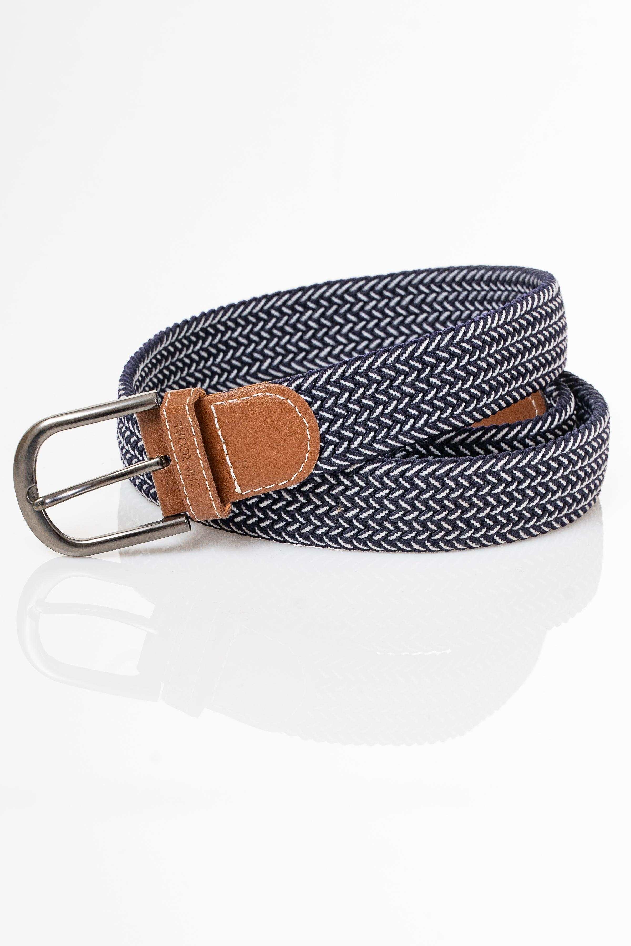 Navy braided belt with brown leather tab and silver U-shaped buckle