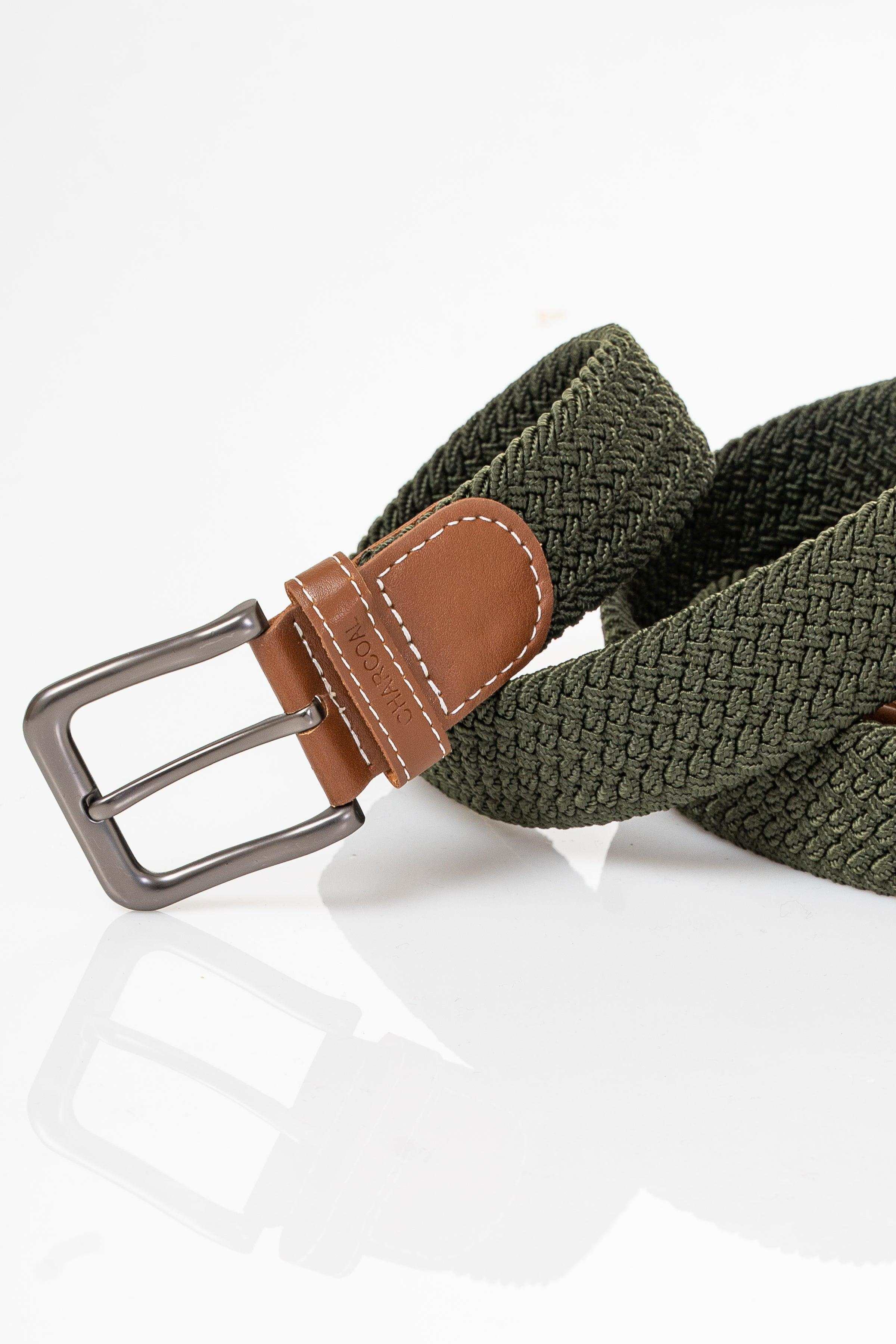 Woven fabric belt with dark green weave and brown leather strap buckle cover