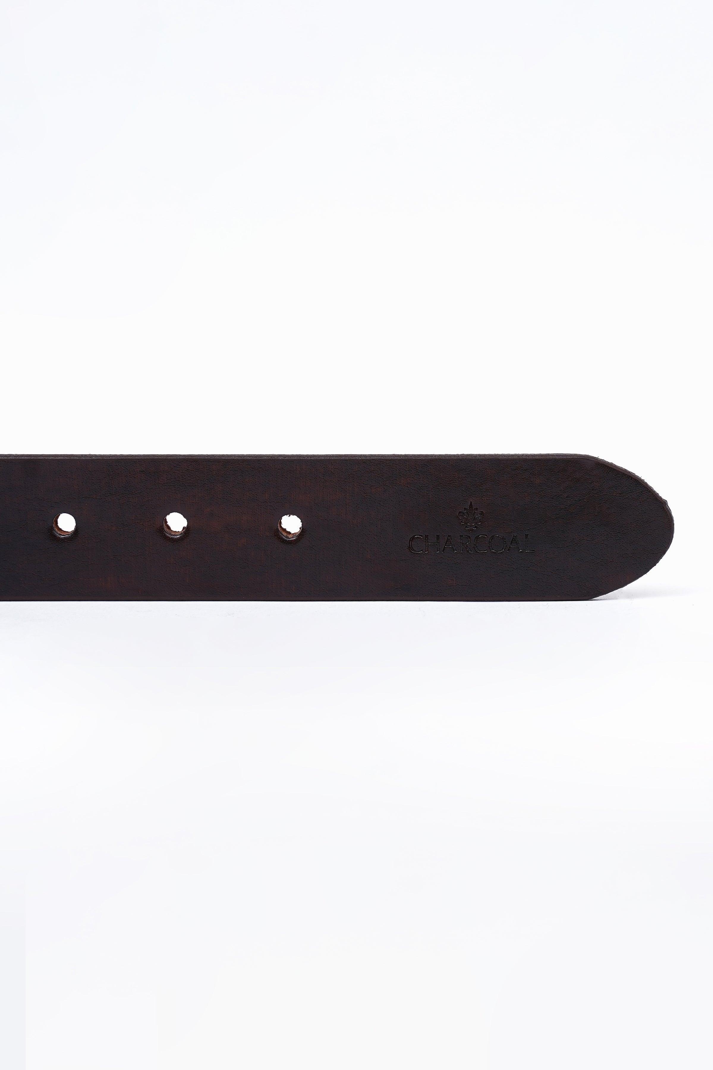 Dark brown leather belt tip with three punched holes and metal eyelets
