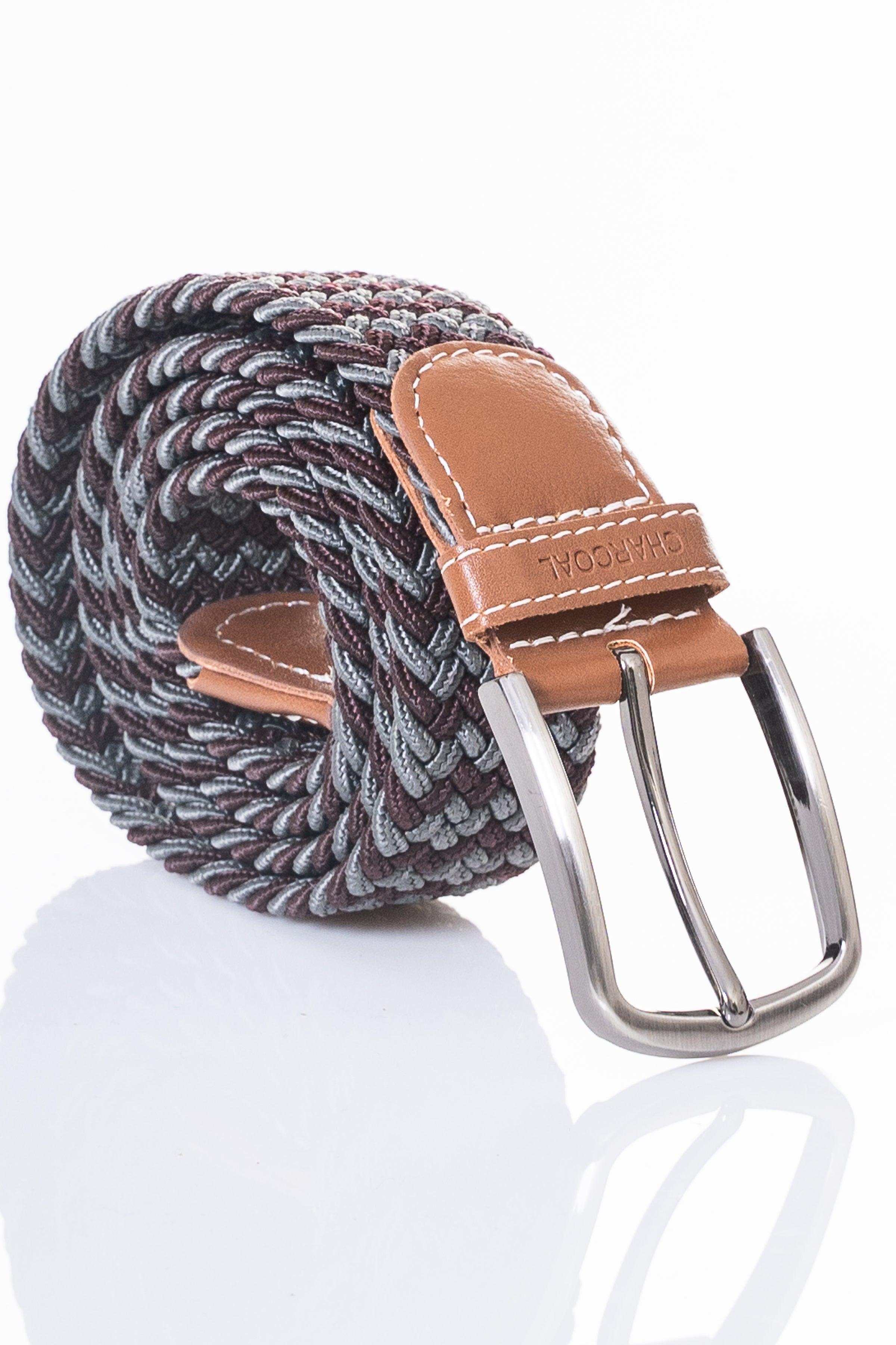 Braided casual belt with dark gray and burgundy weave, tan leather tabs, silver buckle