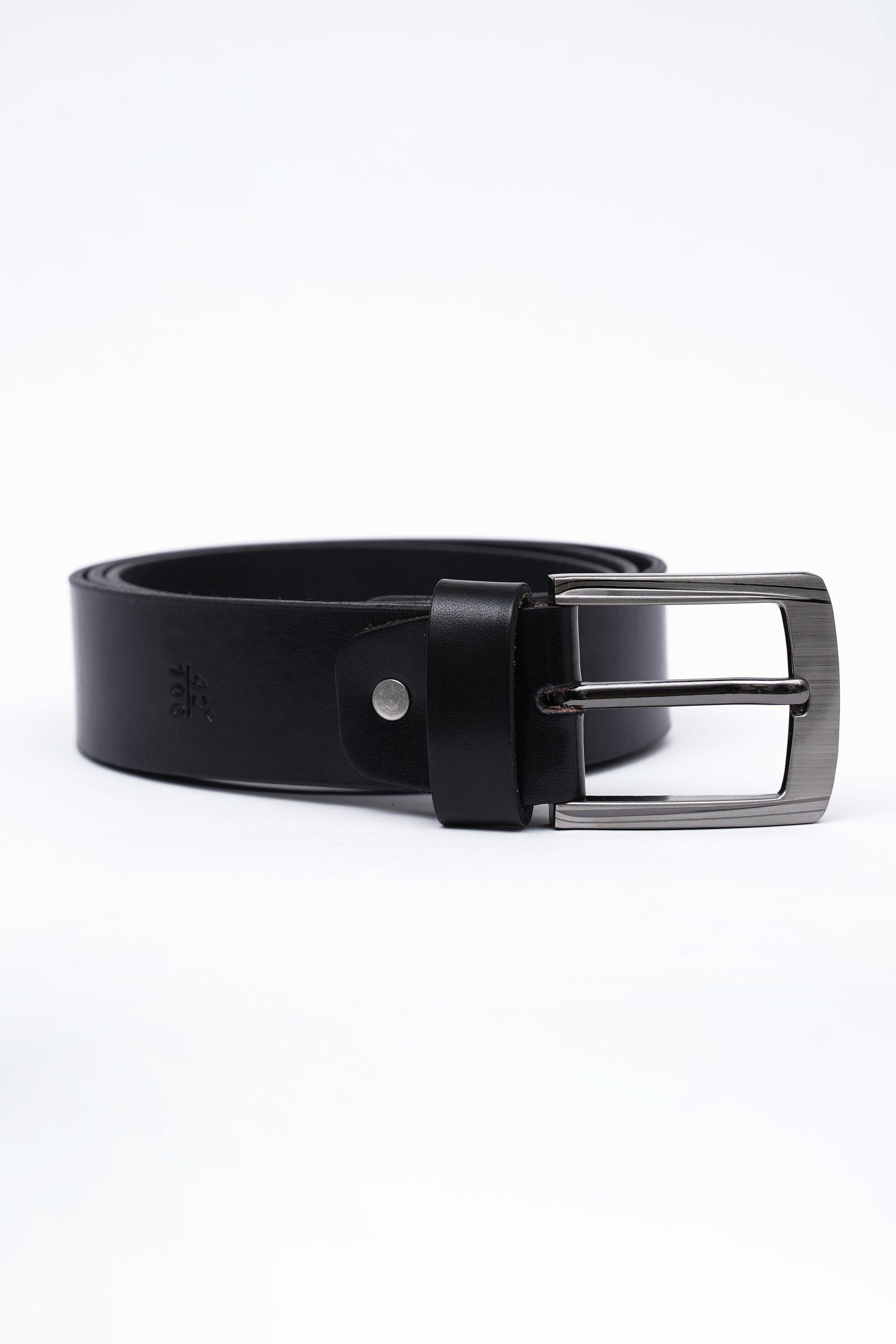 Black casual belt with polished silver buckle and adjustable holes