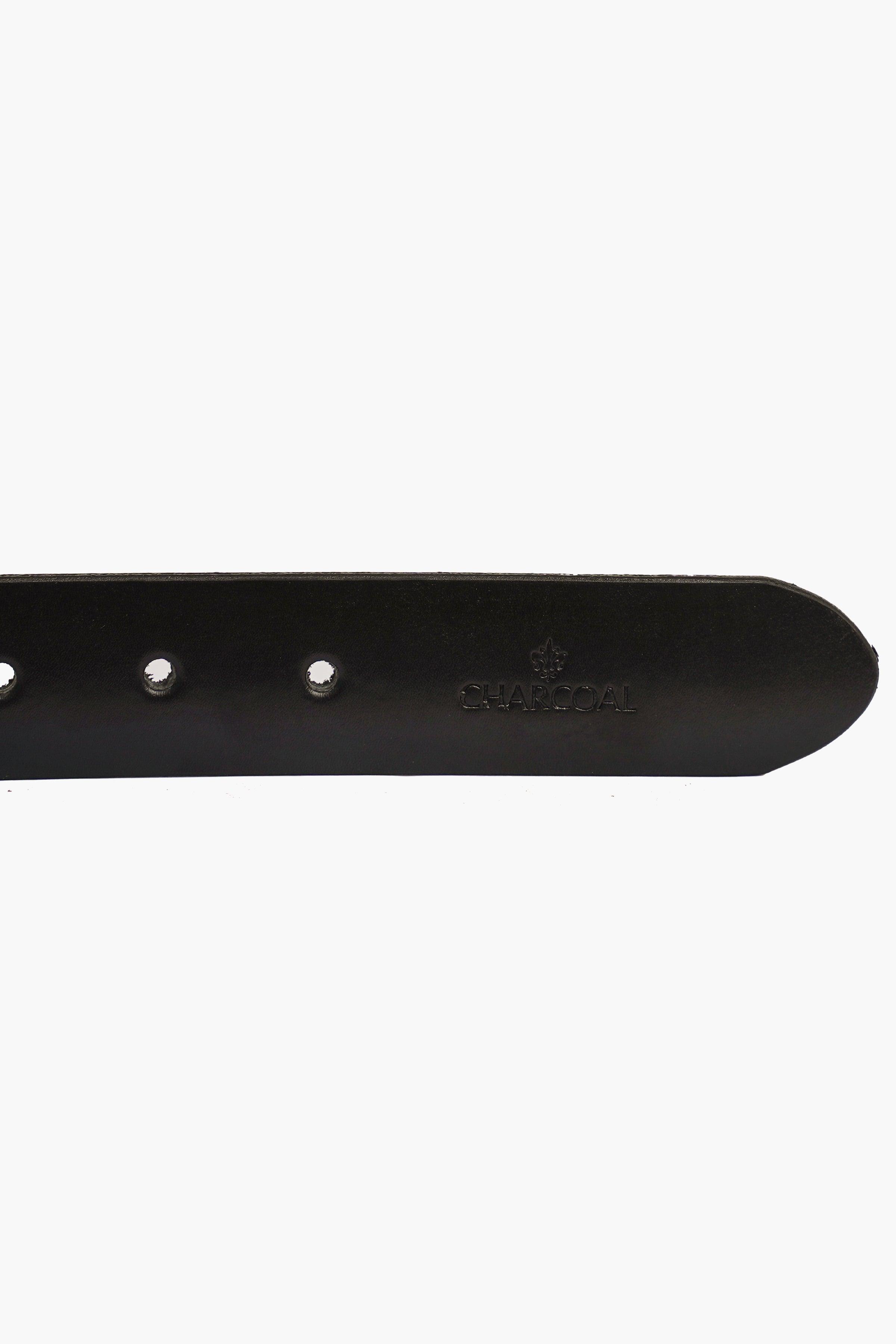Black belt strap with embossed branding and metal rivets along edge