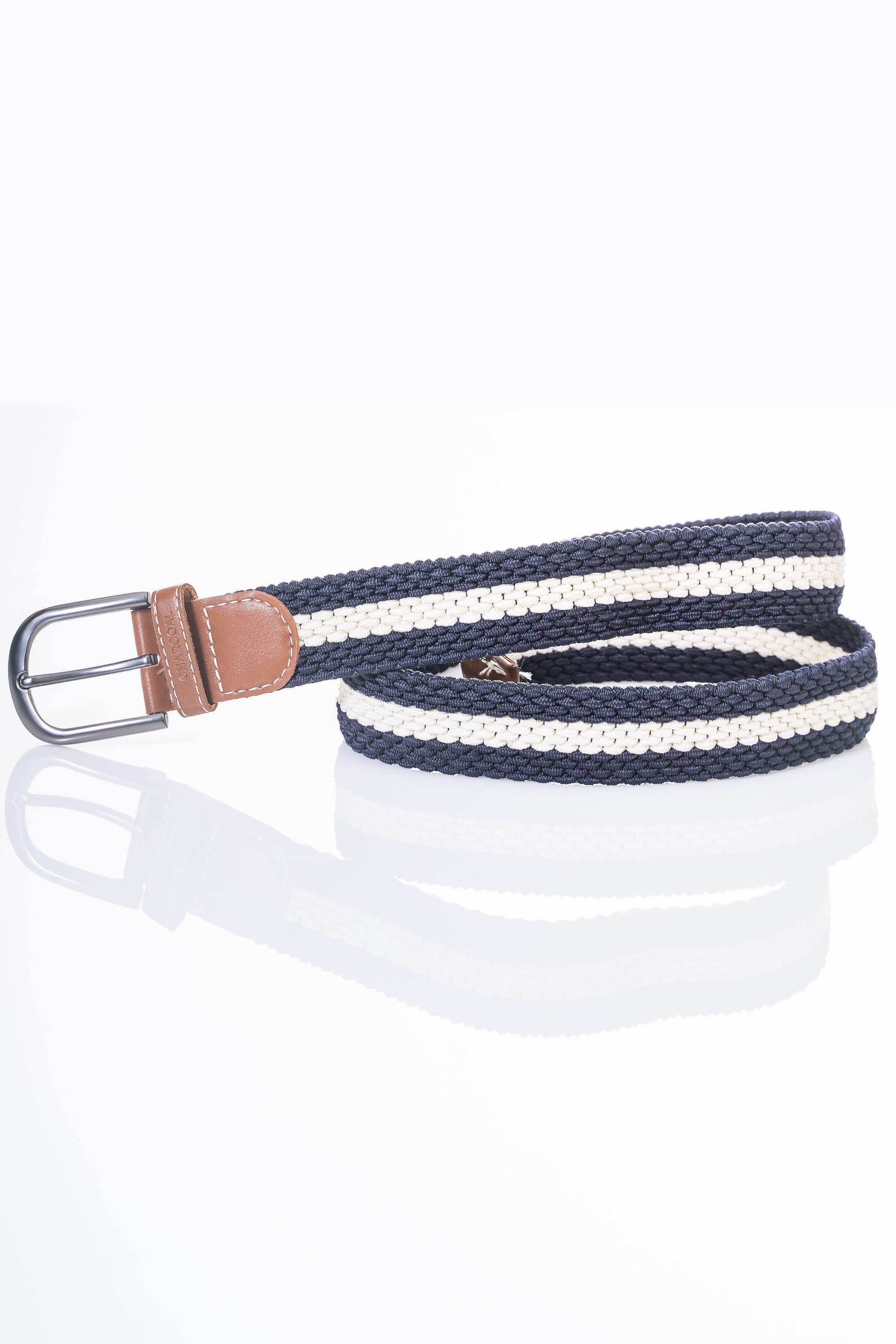 Striped navy and white braided casual belt with tan leather strap and silver buckle