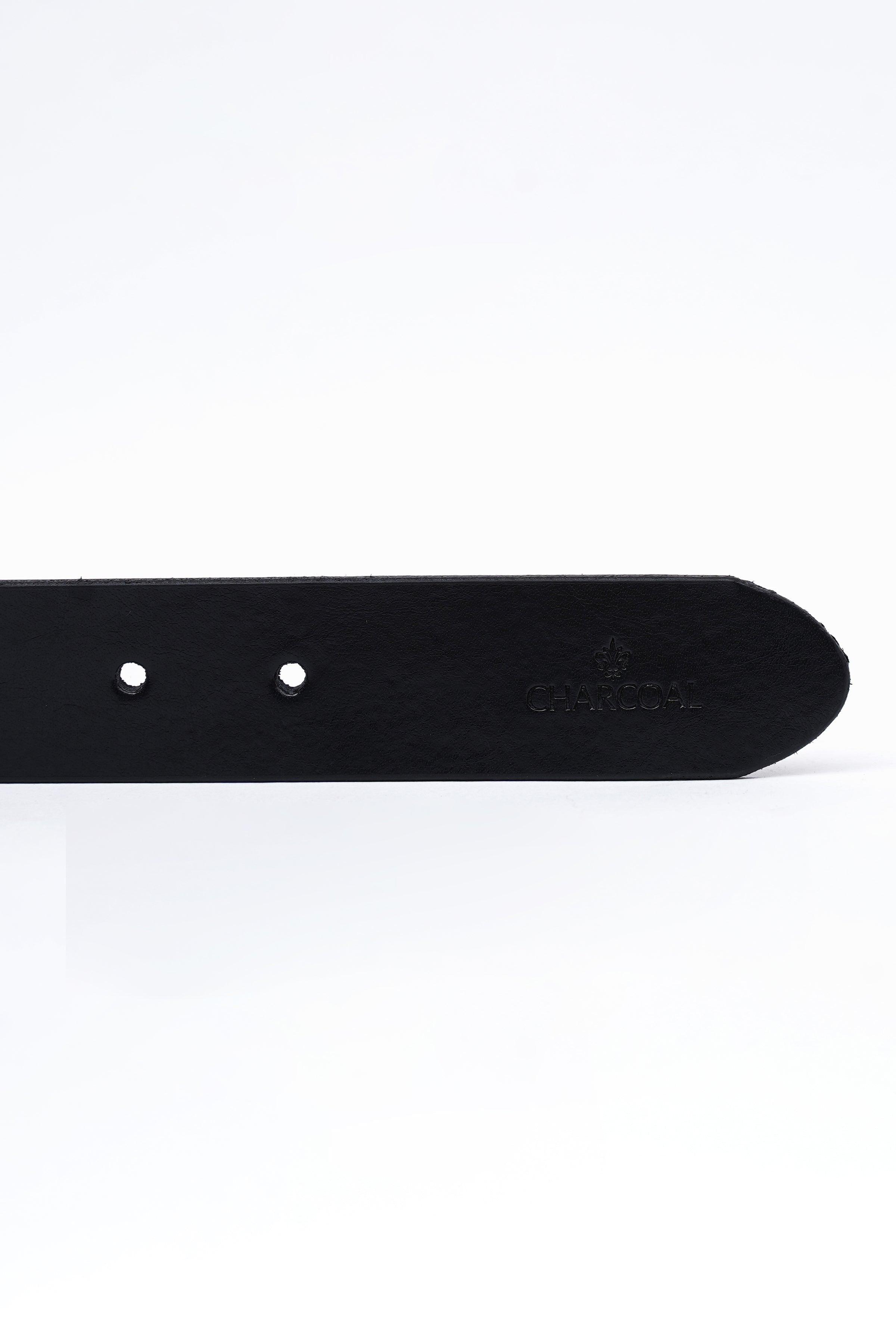 Black belt end with two metal eyelets and embossed logo
