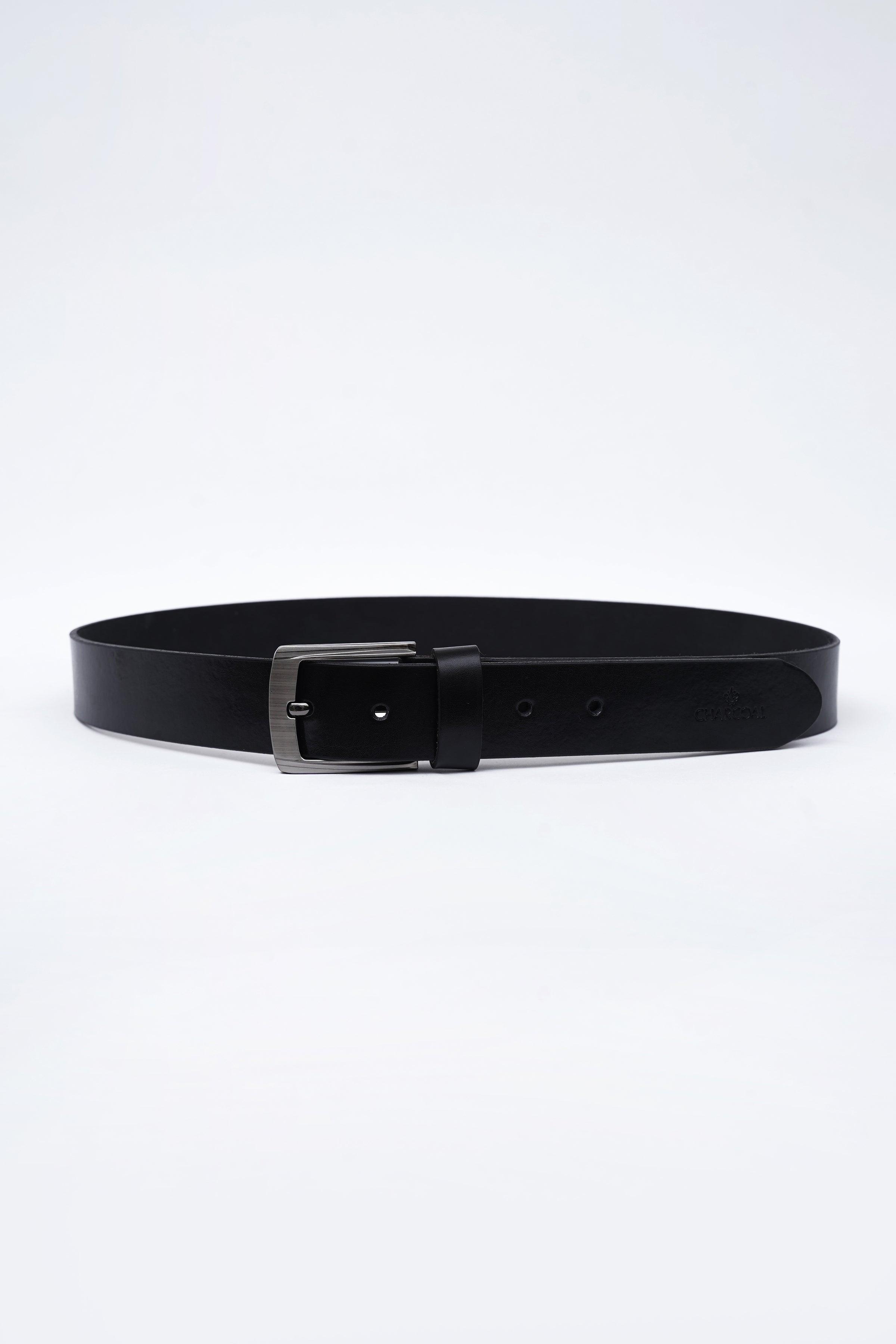 Black casual belt with matte black buckle and embossed branding