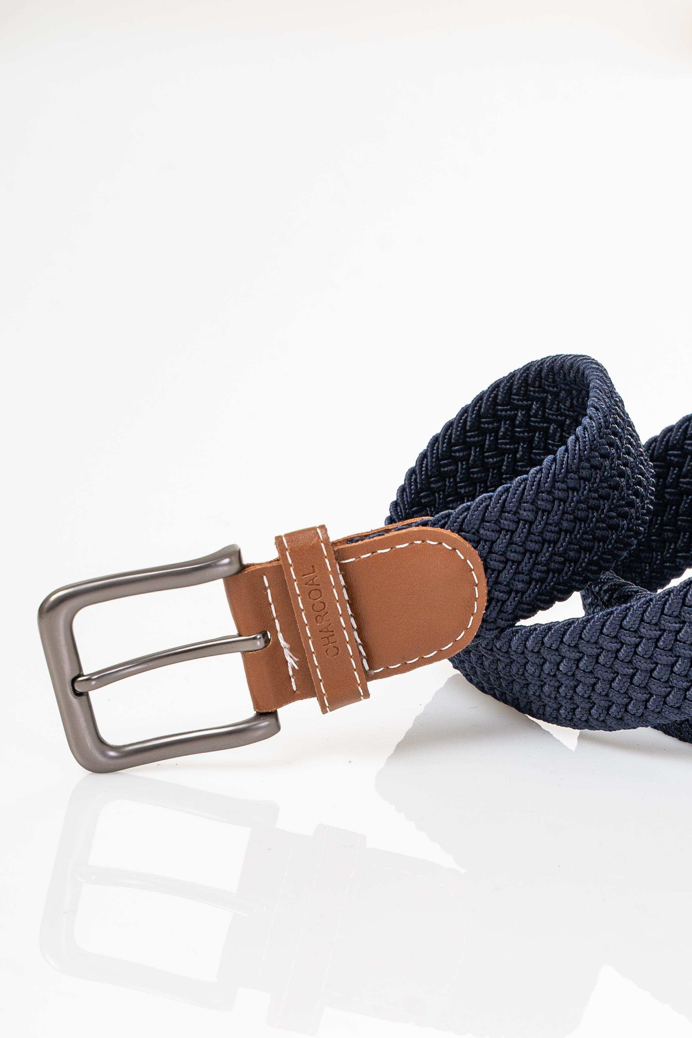 Navy braided belt with tan leather keeper and silver-tone double-prong buckle