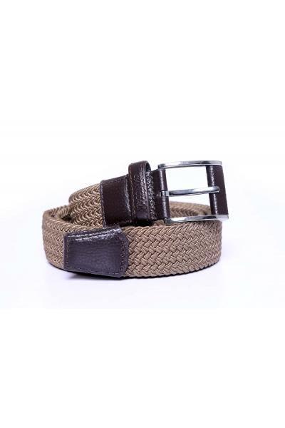 Casual belt with braided woven strap, dark leather buckle and stitched keeper