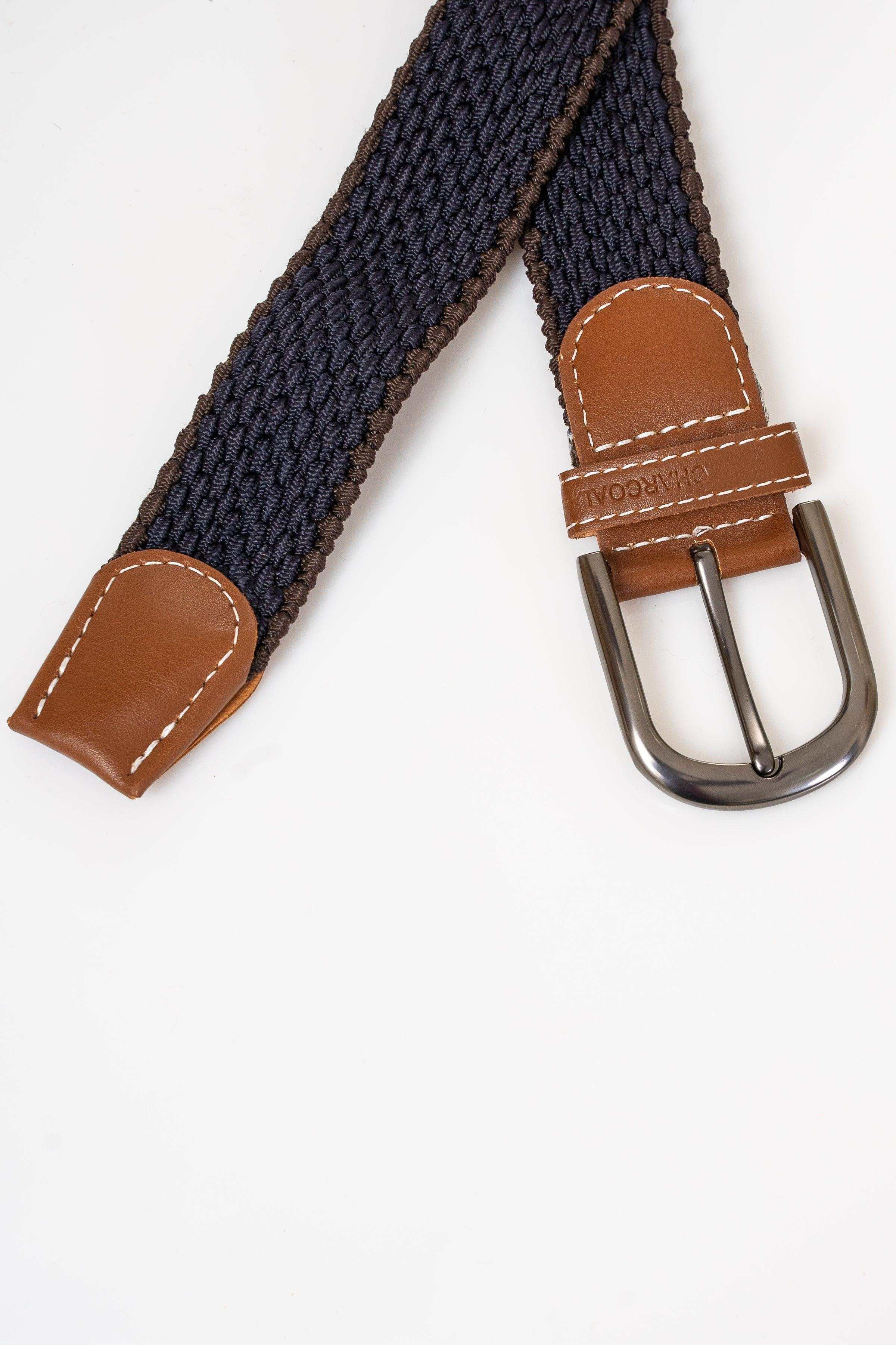 Navy woven belt with tan leather tabs and silver metal buckle
