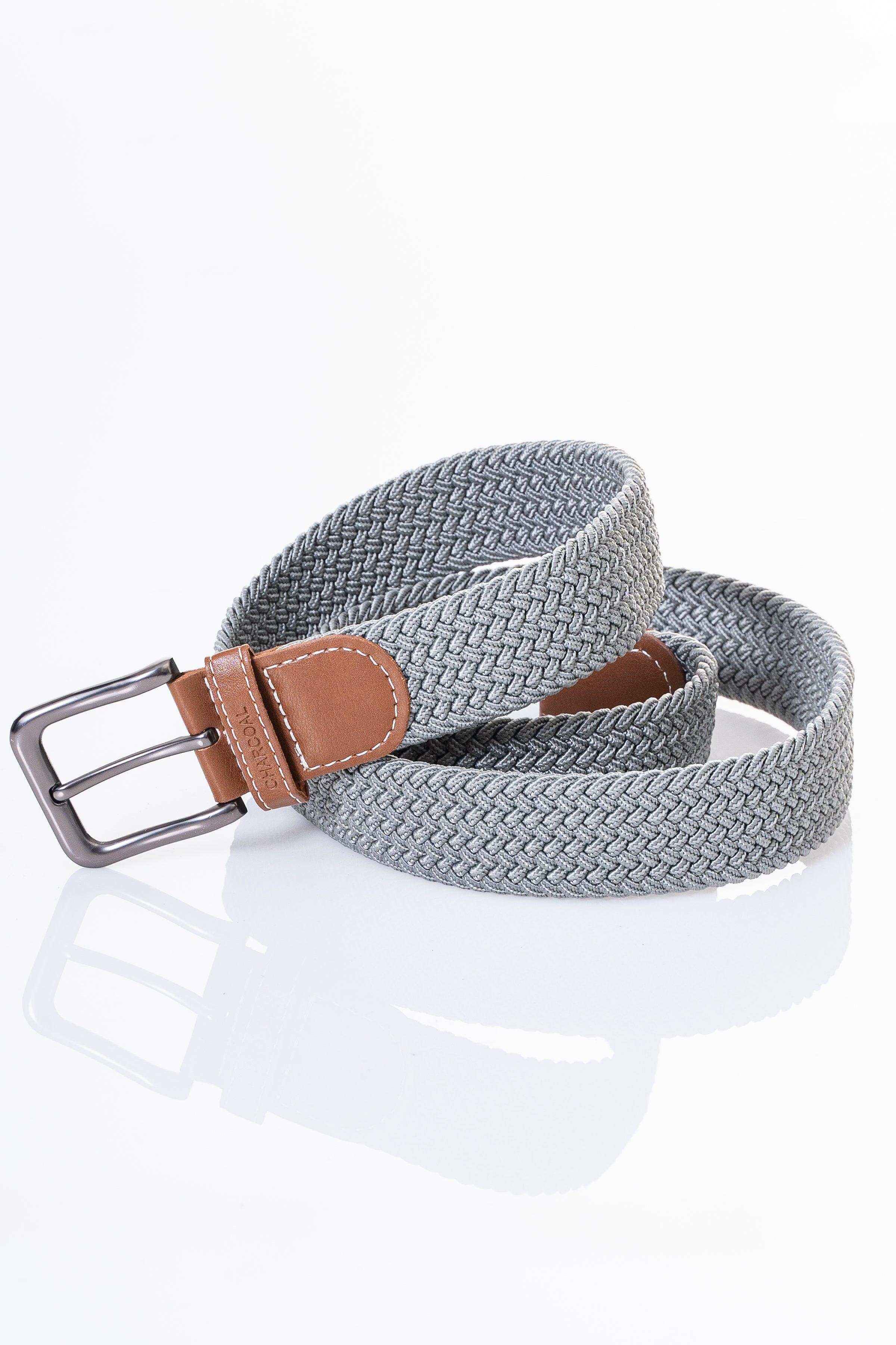Woven casual belt with dark gray textured strap and brown leather buckle tab, silver clasp.