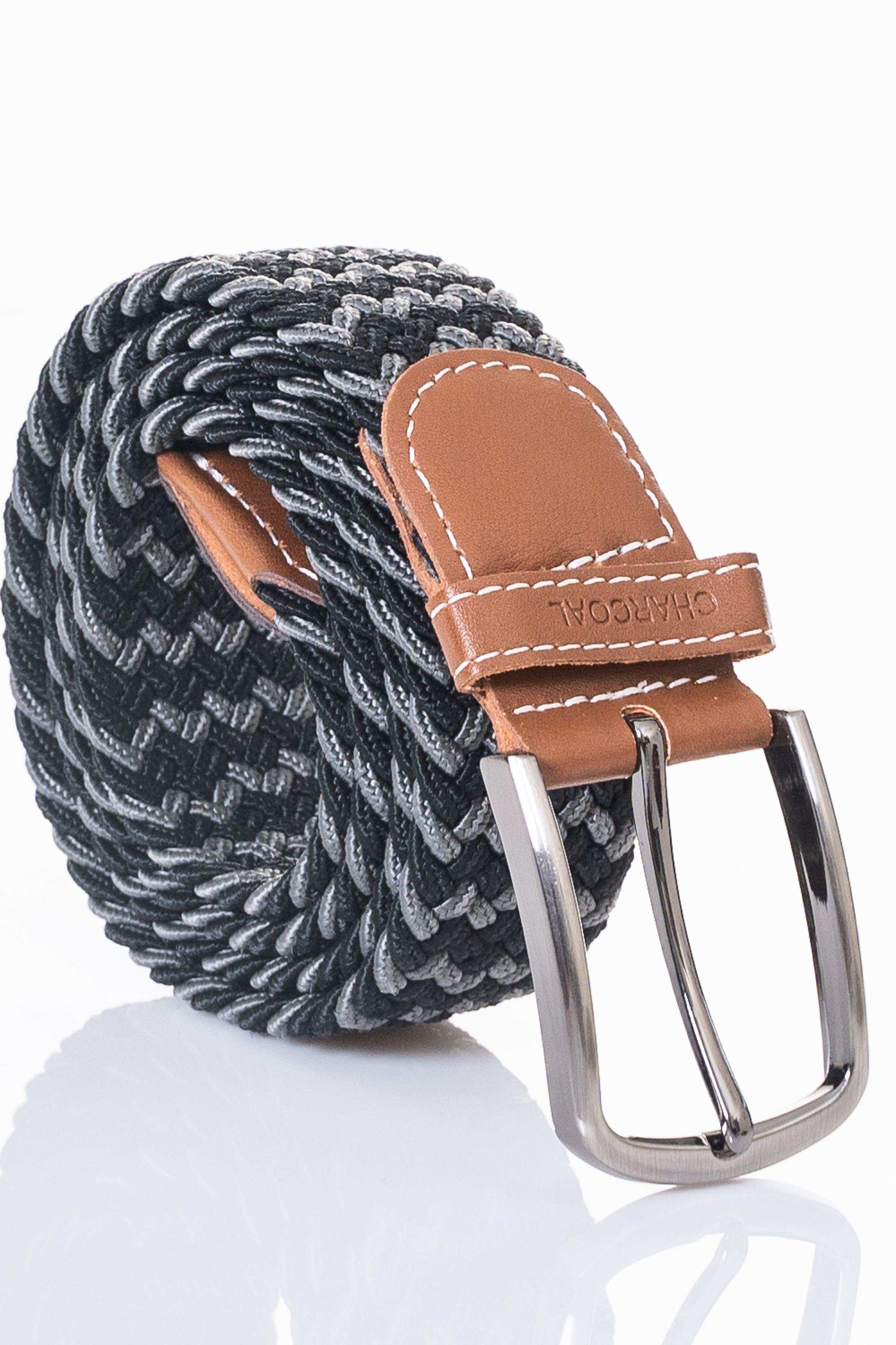 Woven casual belt, dark gray chevron fabric with tan leather end and silver buckle.