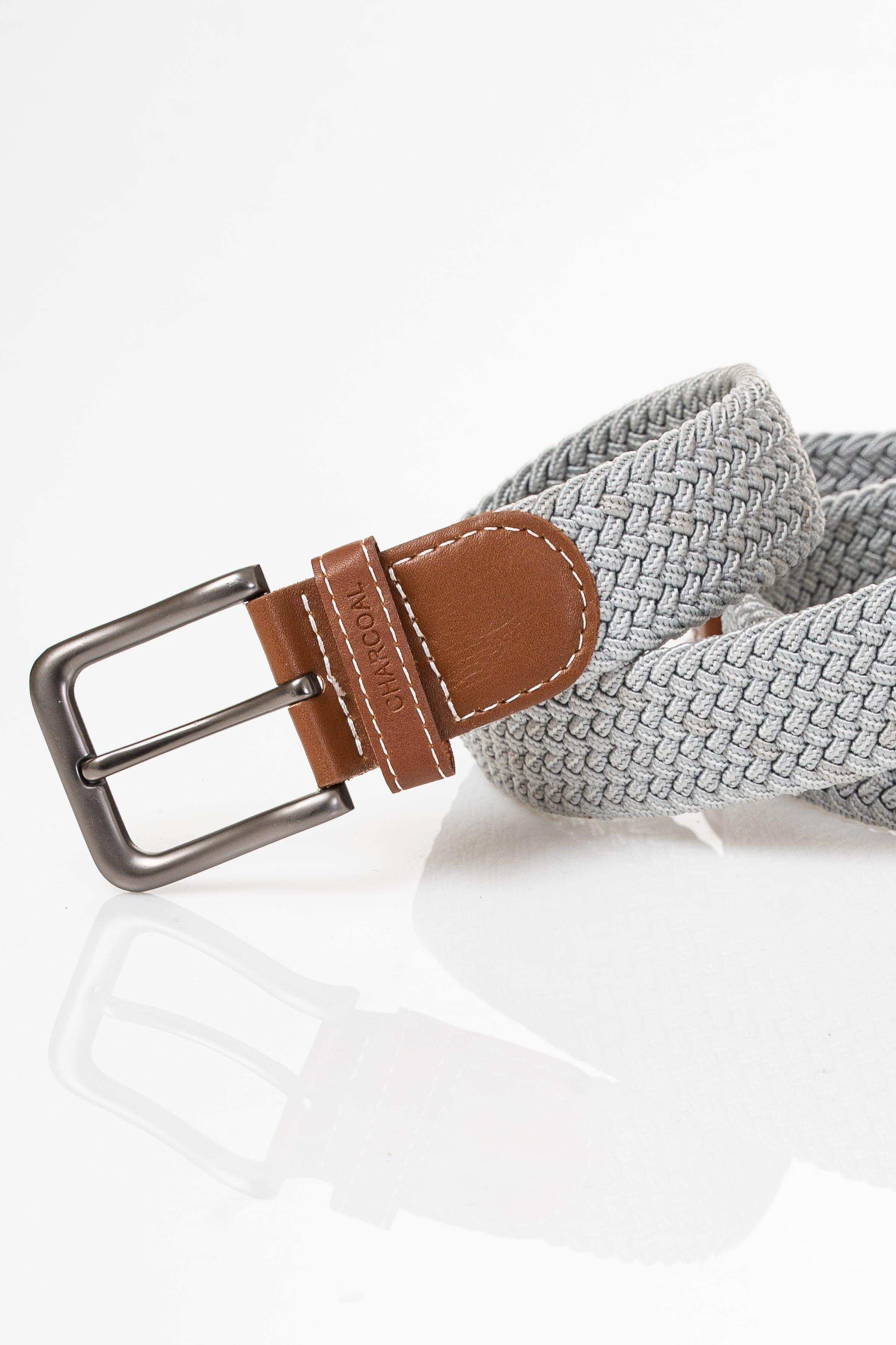 Gray woven belt with brown leather keeper and silver buckle, close-up