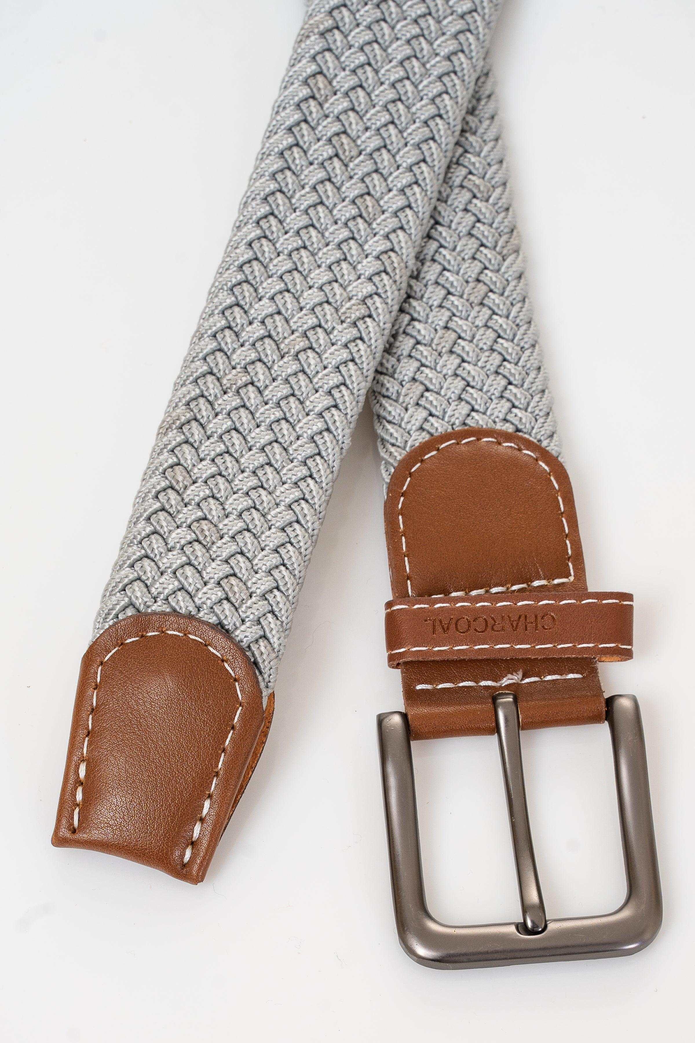 Gray woven casual belt with brown leather loops and silver buckle
