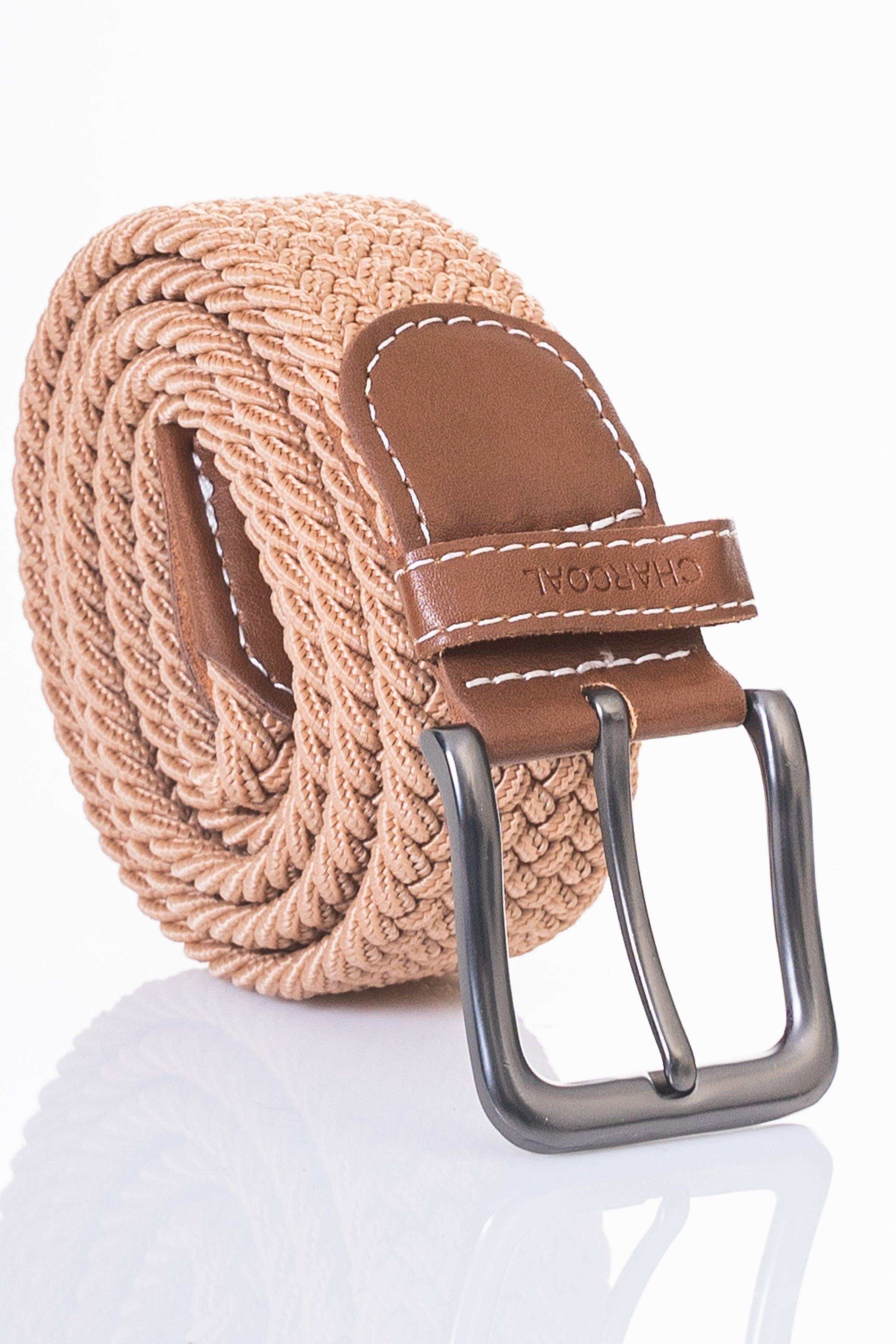 Casual belt with tan woven fabric, brown leather strap end and silver metal buckle.