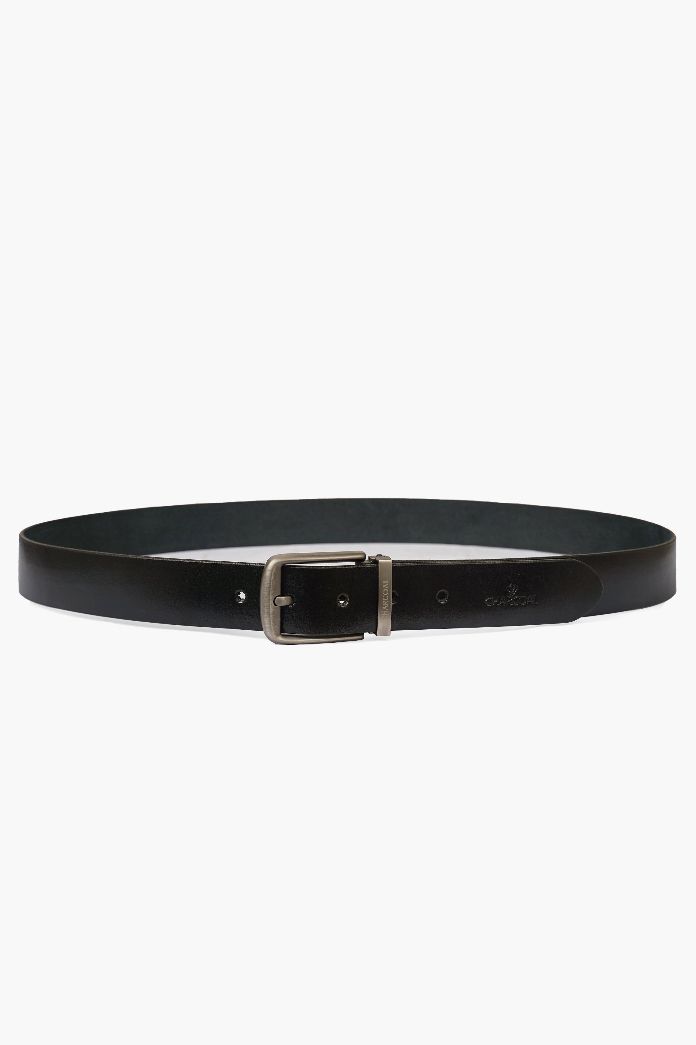 Black belt with rectangular silver buckle and multiple adjustment holes