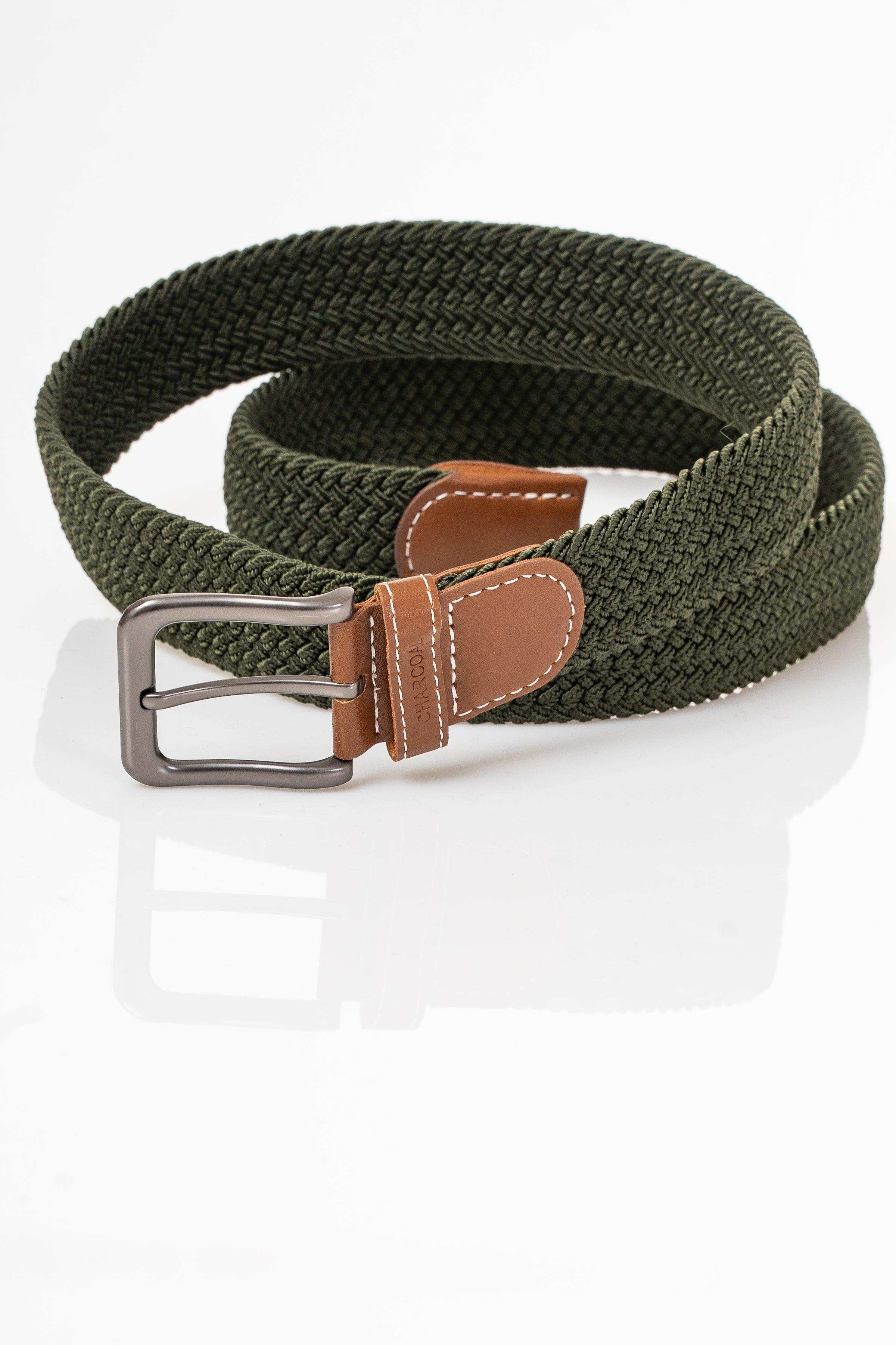 Woven belt, dark green with brown leather patch and silver metal buckle