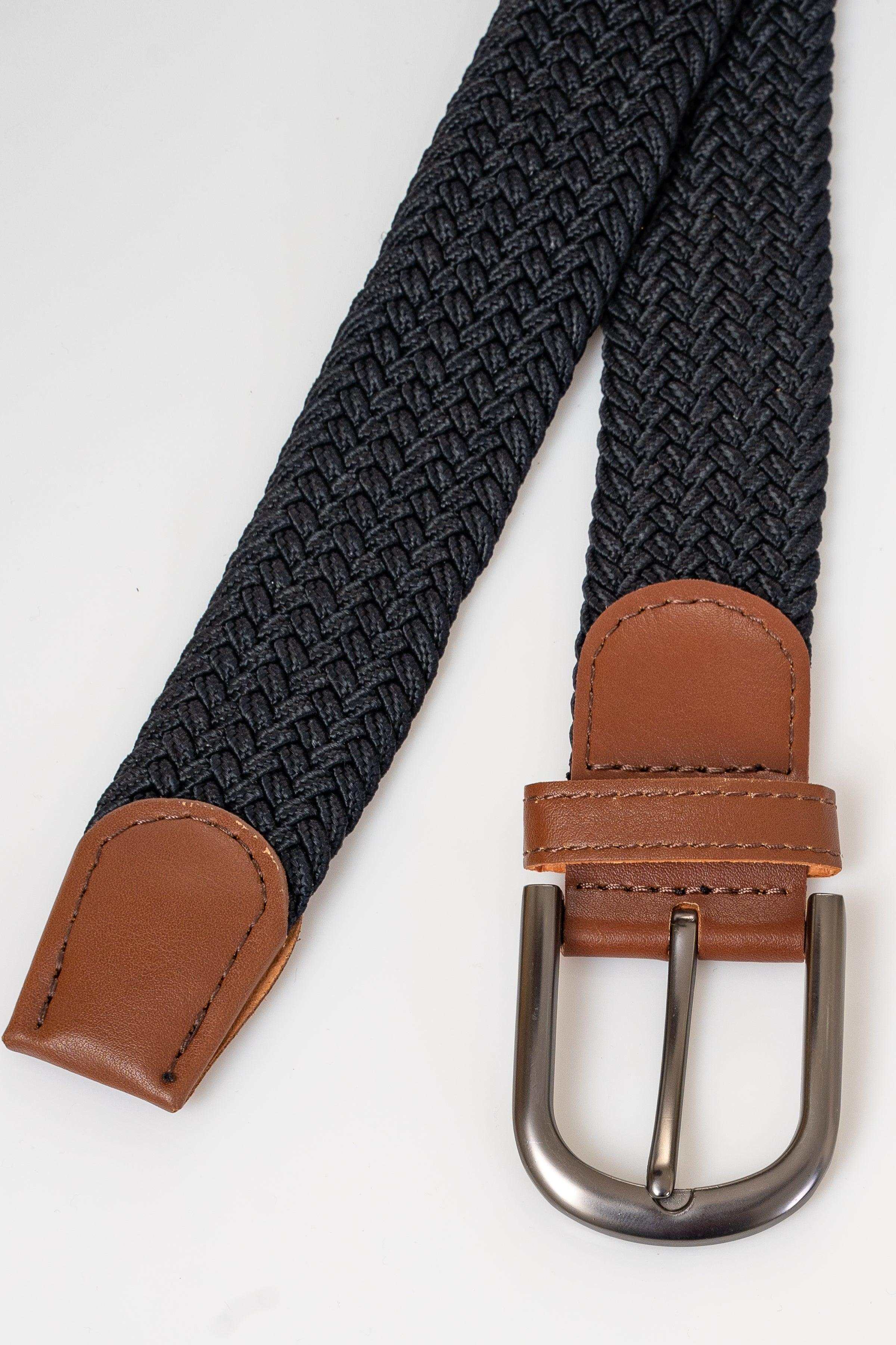 Woven dark belt with brown leather keeper panel and silver double-prong buckle