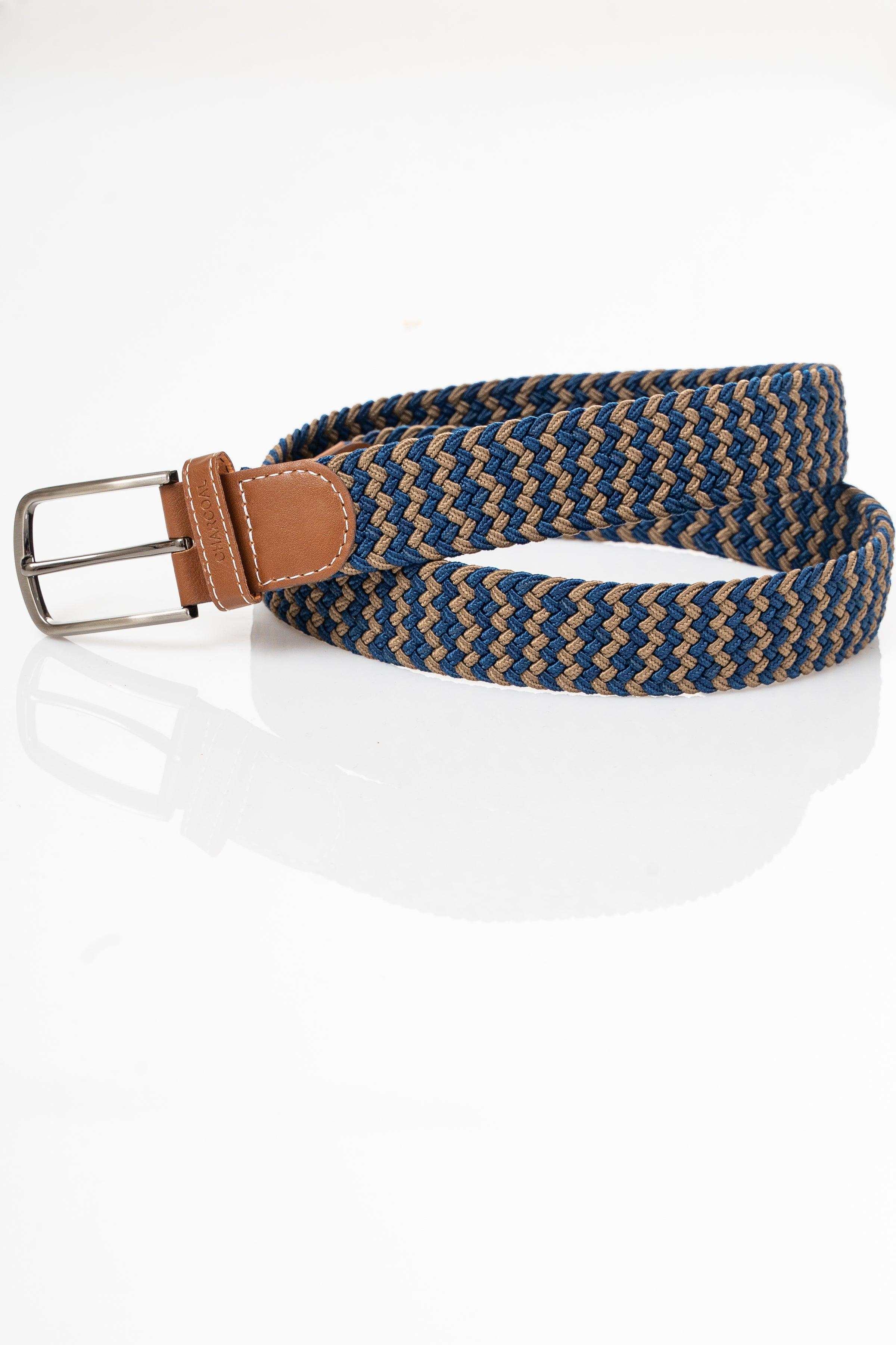 Blue woven casual belt with tan leather end and silver buckle, flat view