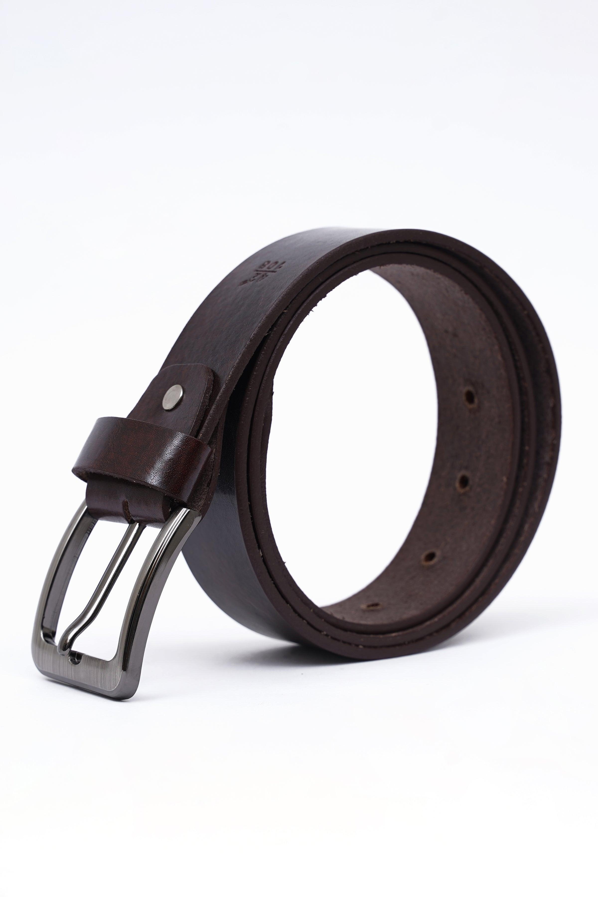 Dark brown casual leather belt with silver buckle and adjustable holes
