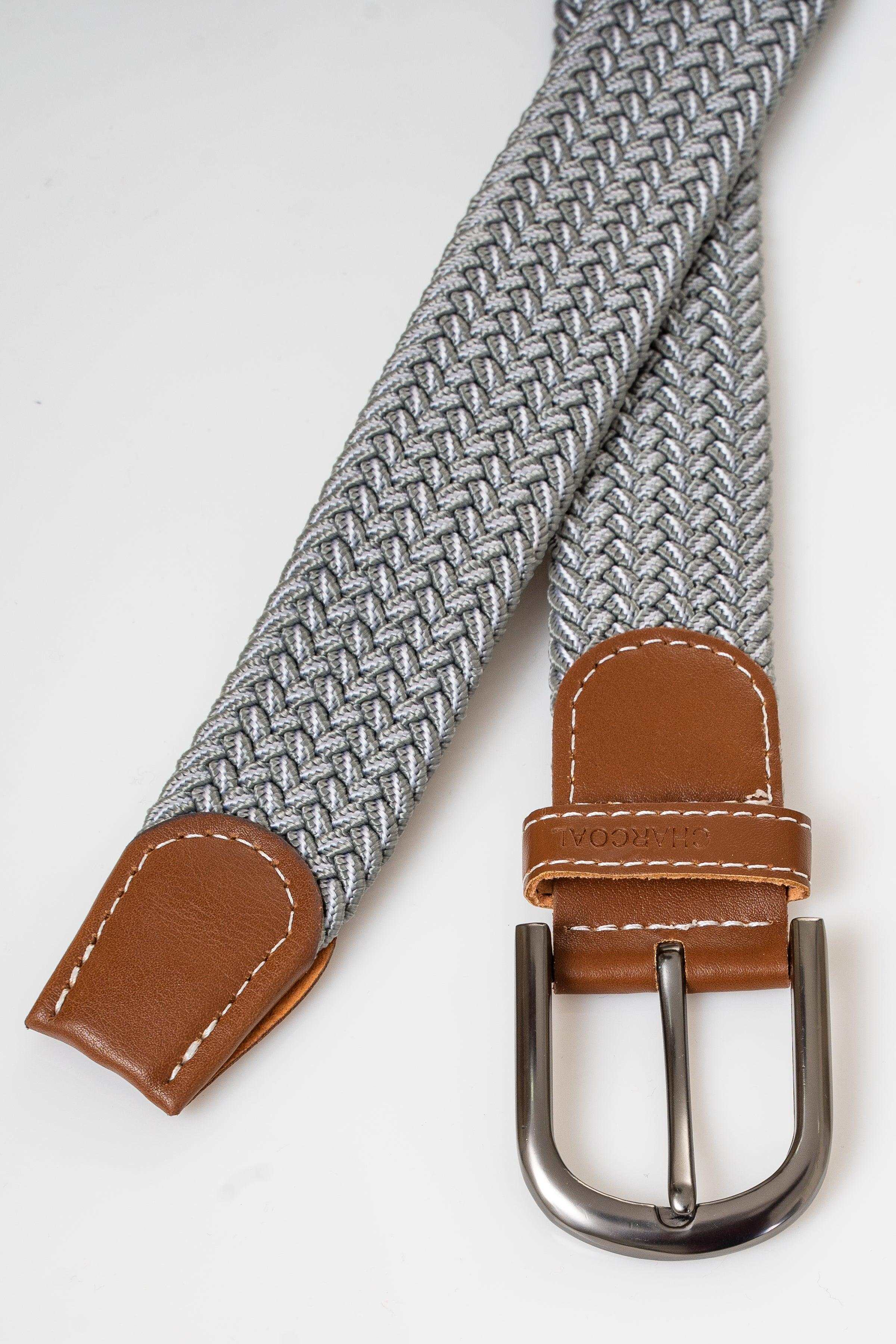 Gray braided belt strap with brown leather end tab and rectangular prong buckle