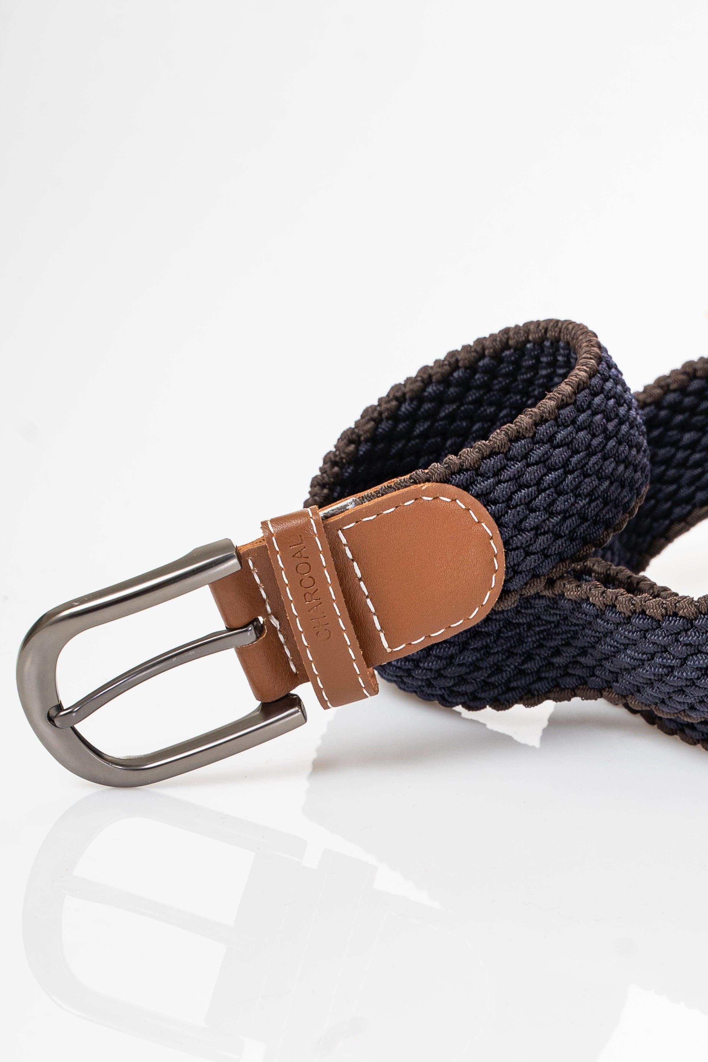 Dark navy braided belt with tan leather patch and silver double-prong buckle