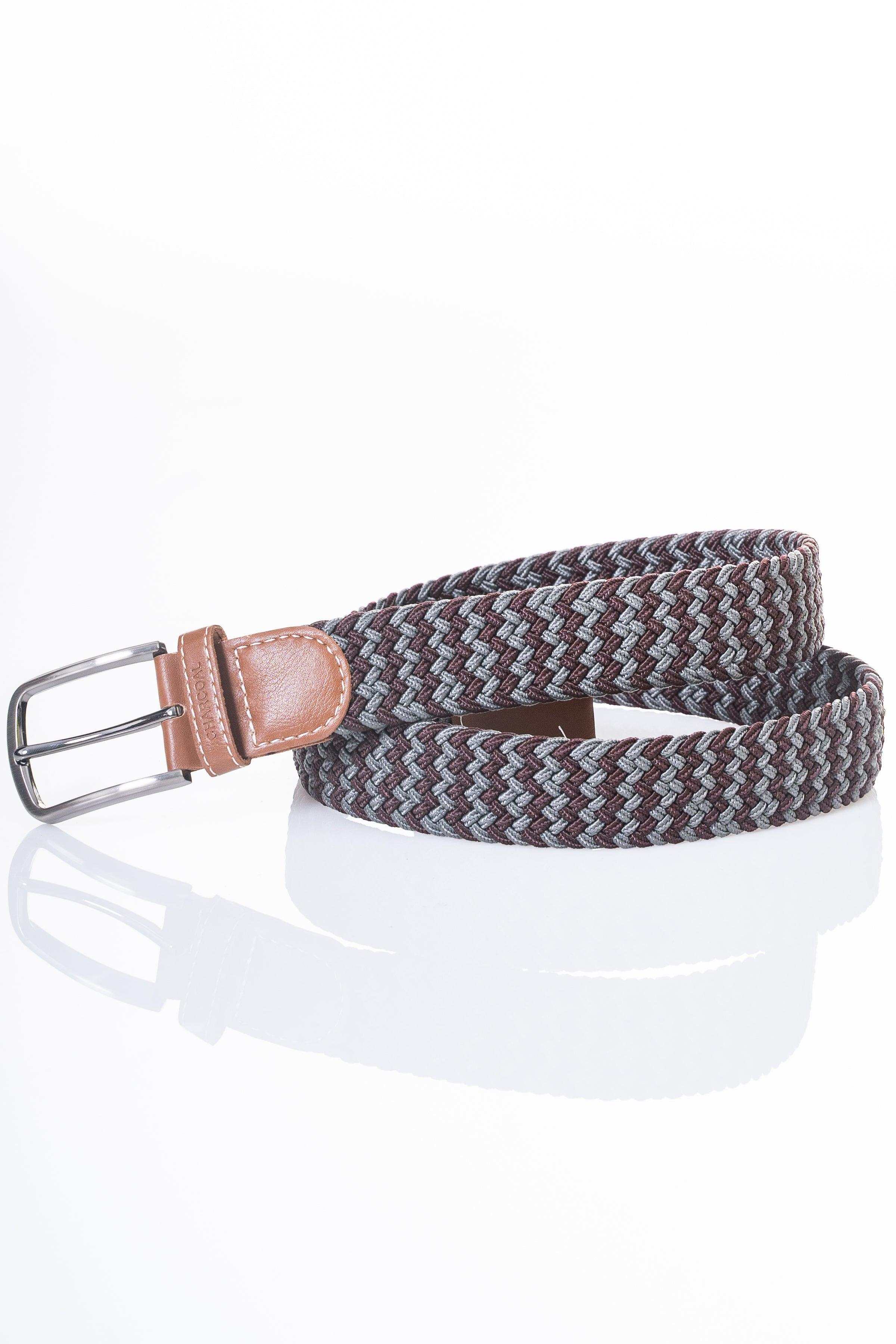 Woven casual belt in dark gray with burgundy pattern and tan leather strap ends, silver buckle