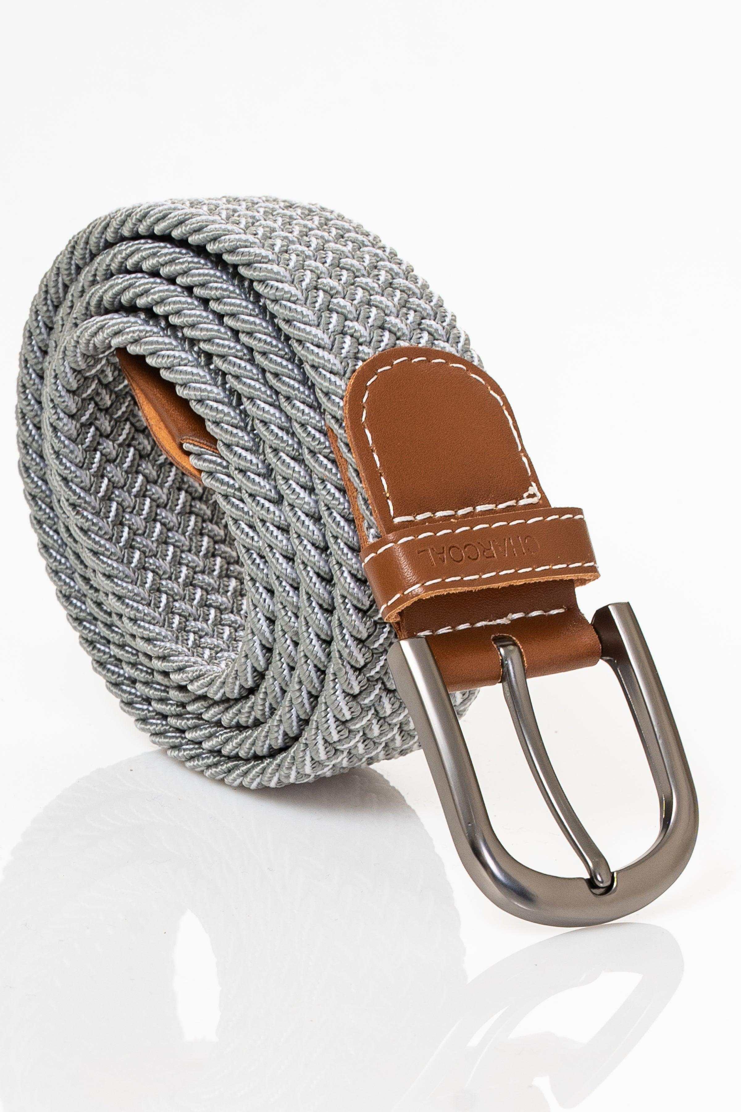 Woven gray casual belt with brown leather keeper and single prong metal buckle